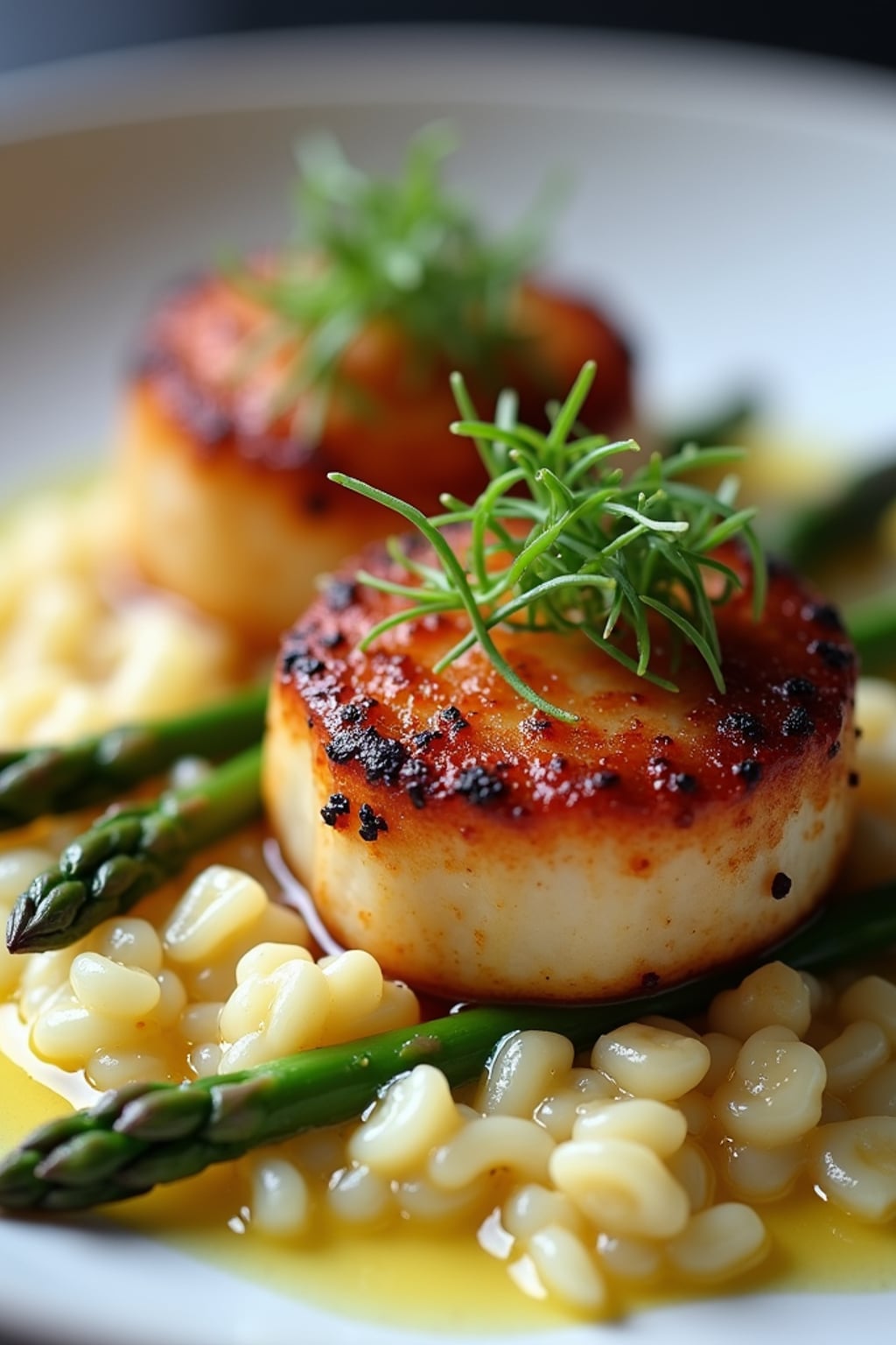 a close-up, ultra-realistic photograph perfect for a cookbook captures perfectly seared scallops with a golden crust, served on a bed of creamy risotto with asparagus tips and a lemon butter sauce, garnished with microgreens.
