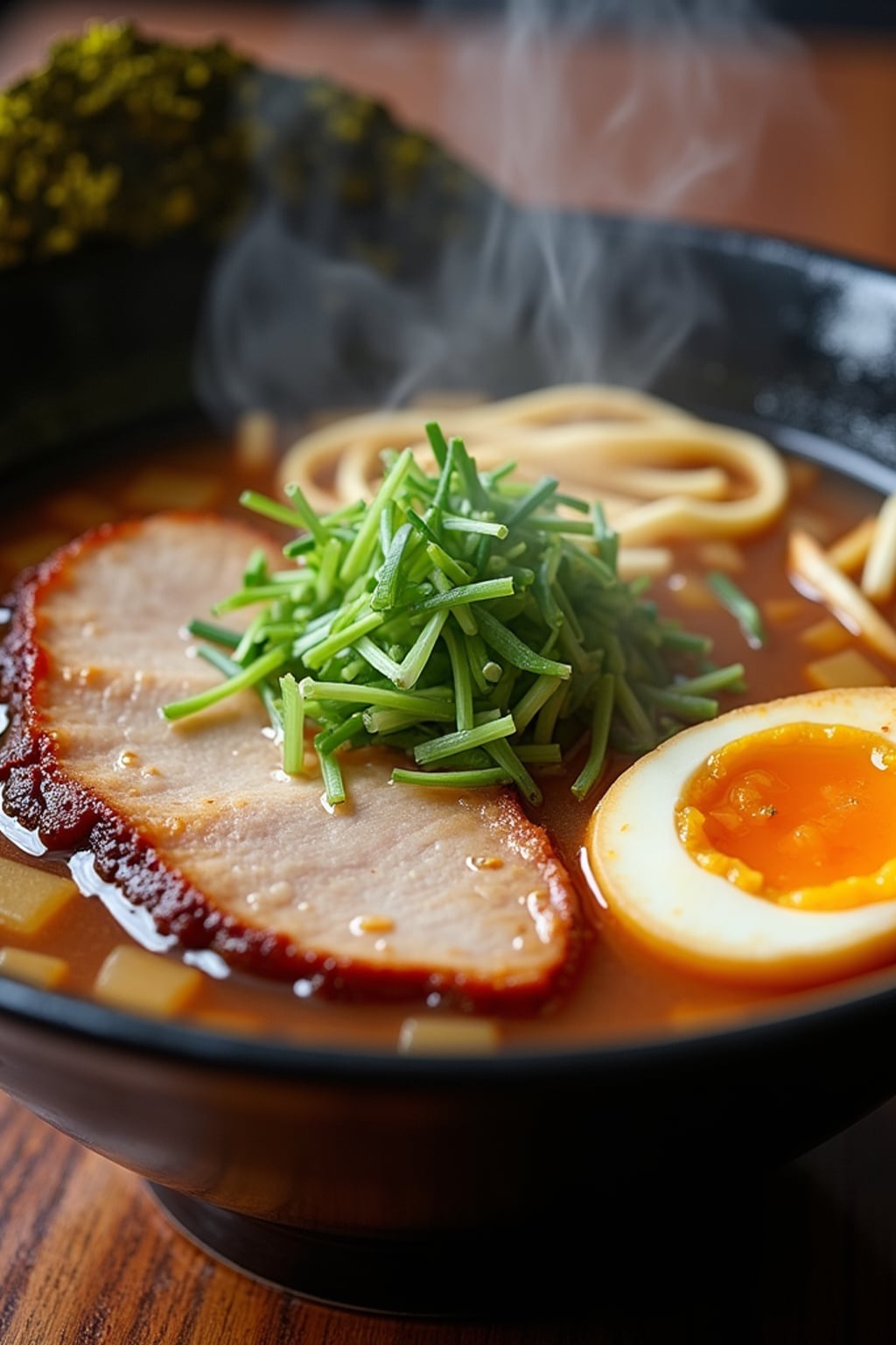 a close-up, ultra-realistic photograph perfect for a cookbook captures a steaming bowl of ramen with sliced pork belly, soft-boiled egg, green onions, and nori, in a rich umami broth with visible steam rising.