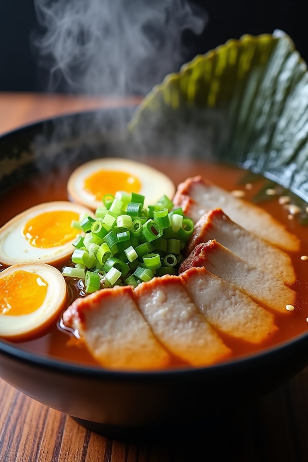 a close-up, ultra-realistic photograph perfect for a cookbook captures a steaming bowl of ramen with sliced pork belly, soft-boiled egg, green onions, and nori, in a rich umami broth with visible steam rising.