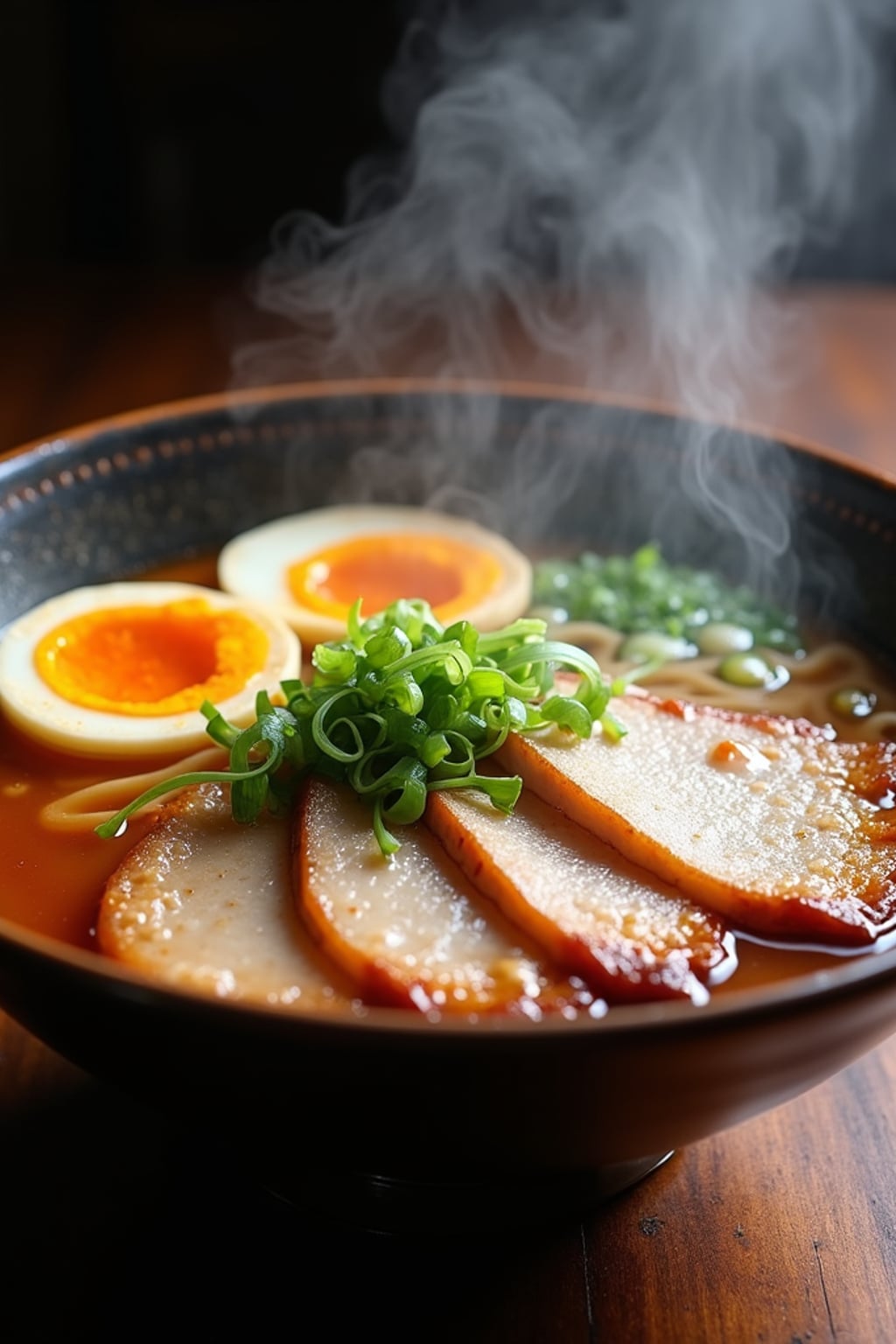 a close-up, ultra-realistic photograph perfect for a cookbook captures a steaming bowl of ramen with sliced pork belly, soft-boiled egg, green onions, and nori, in a rich umami broth with visible steam rising.
