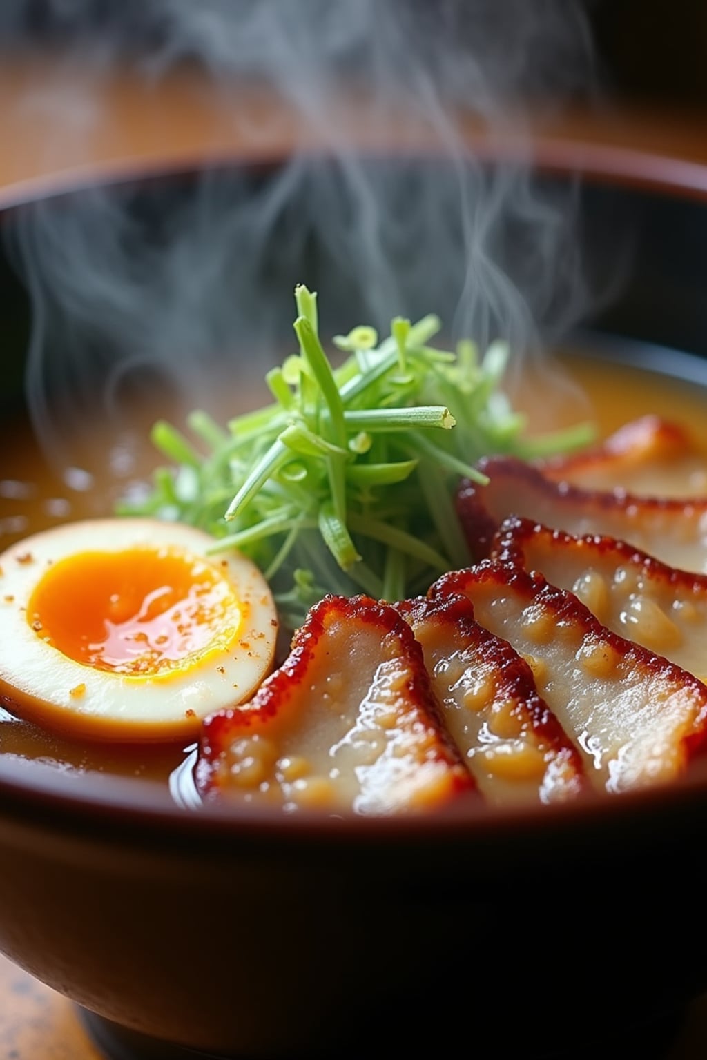 a close-up, ultra-realistic photograph perfect for a cookbook captures a steaming bowl of ramen with sliced pork belly, soft-boiled egg, green onions, and nori, in a rich umami broth with visible steam rising.