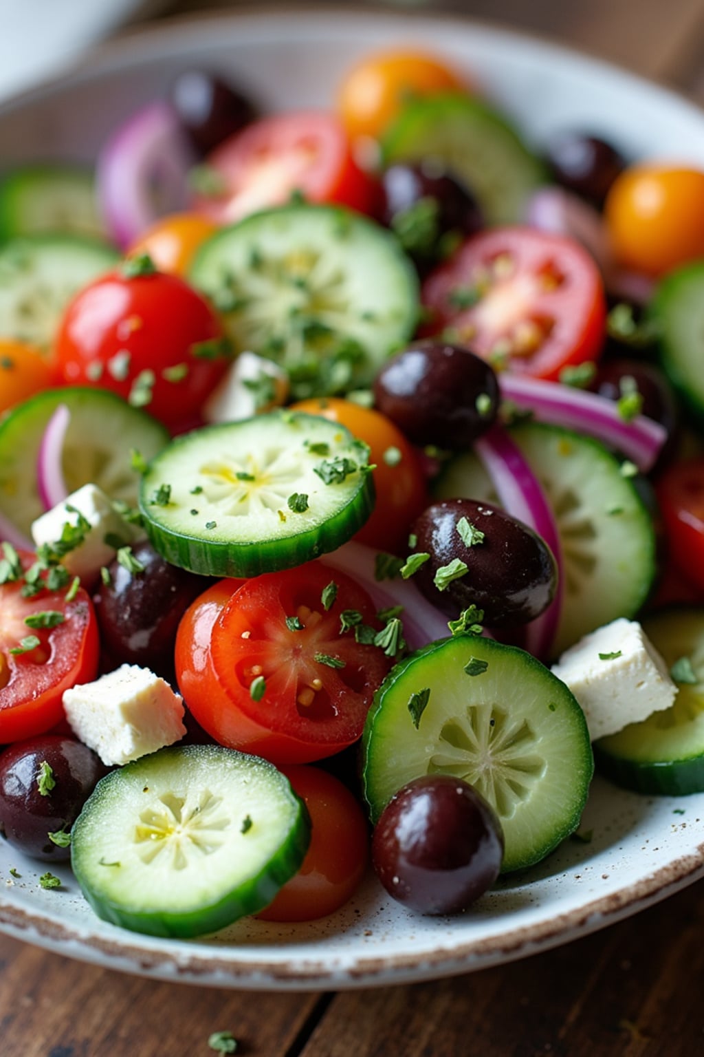 a close-up, ultra-realistic photograph perfect for a cookbook captures a colorful Mediterranean salad with cucumber, cherry tomatoes, red onion, kalamata olives, and feta cheese, drizzled with olive oil and sprinkled with oregano.