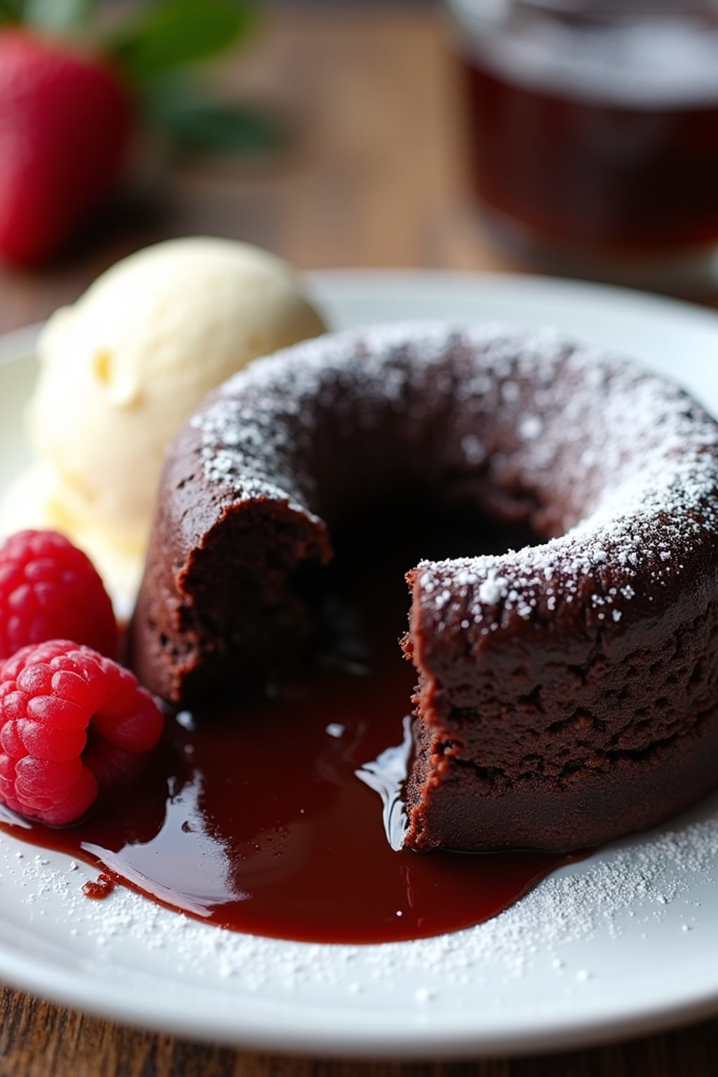 a close-up, ultra-realistic photograph perfect for a cookbook captures a decadent chocolate lava cake with molten center oozing onto a white plate, served with a scoop of vanilla ice cream and fresh raspberries, dusted with powdered sugar.