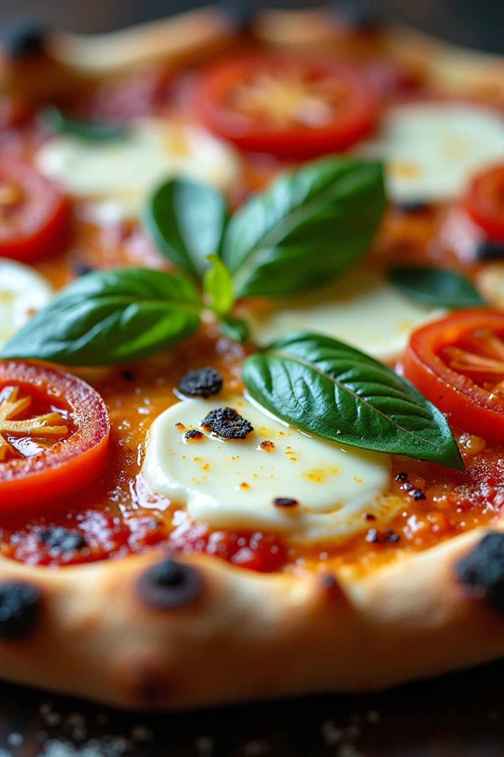 a close-up, ultra-realistic photograph perfect for a cookbook captures a vibrant homemade margherita pizza with bubbling mozzarella, fresh basil leaves, and bright red tomatoes on a perfectly charred crust, dusted with flour and drizzled with olive oil.