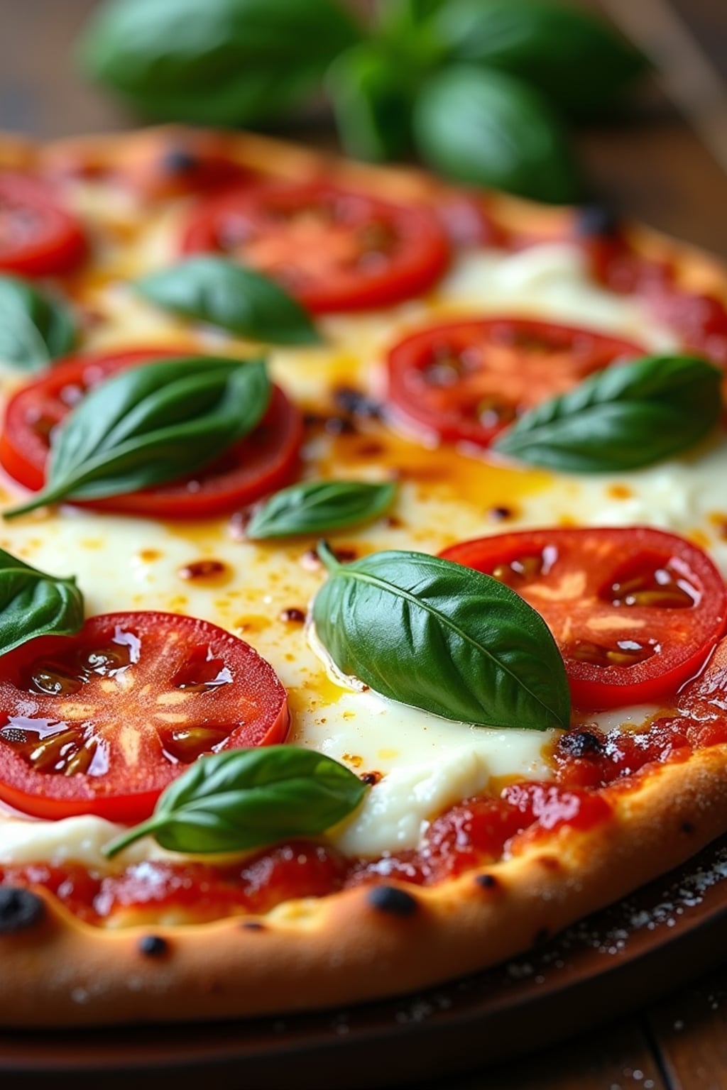 a close-up, ultra-realistic photograph perfect for a cookbook captures a vibrant homemade margherita pizza with bubbling mozzarella, fresh basil leaves, and bright red tomatoes on a perfectly charred crust, dusted with flour and drizzled with olive oil.