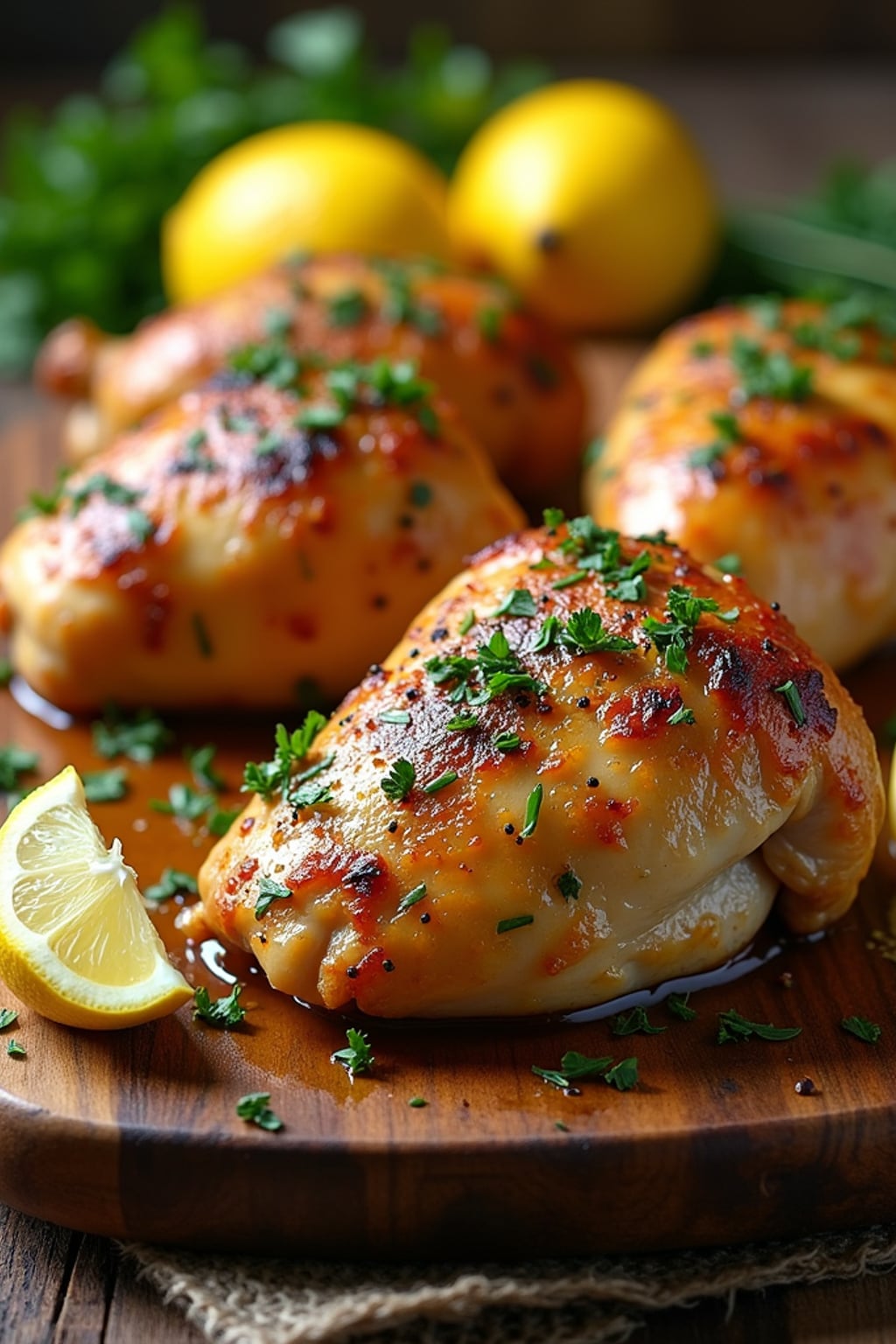 a close-up, ultra-realistic photograph perfect for a cookbook captures a beautifully baked herbed chicken with crispy golden skin, garnished with fresh oregano and parsley. The chicken thighs are arranged on a rustic wooden board with lemon wedges, minced garlic, and melted butter visible.