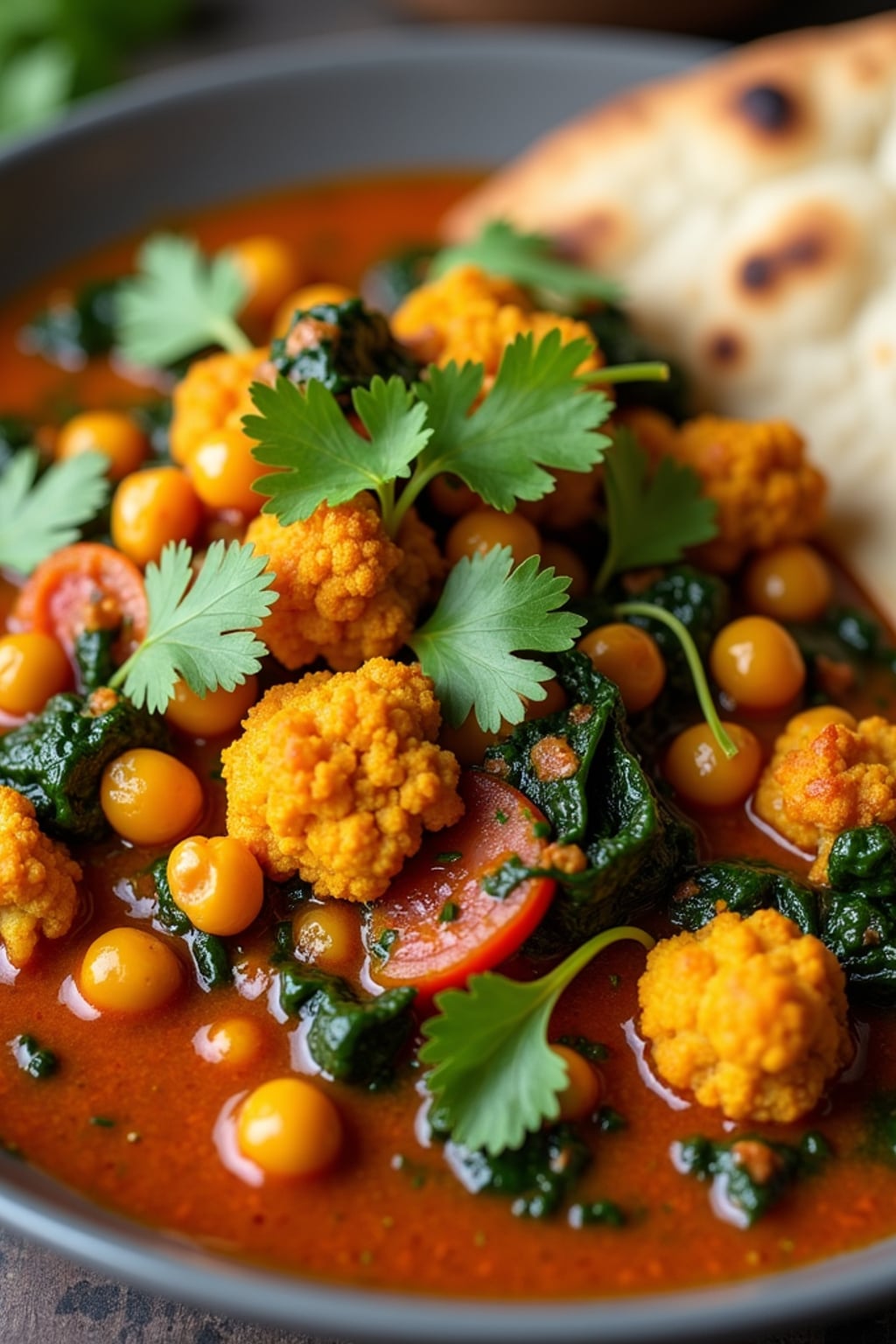 a close-up, ultra-realistic photograph perfect for a cookbook captures a vibrant vegetable curry with cauliflower, chickpeas, spinach, and tomatoes in a rich spiced sauce, garnished with cilantro and served with naan bread.