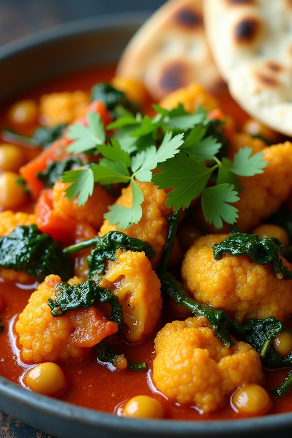 a close-up, ultra-realistic photograph perfect for a cookbook captures a vibrant vegetable curry with cauliflower, chickpeas, spinach, and tomatoes in a rich spiced sauce, garnished with cilantro and served with naan bread.