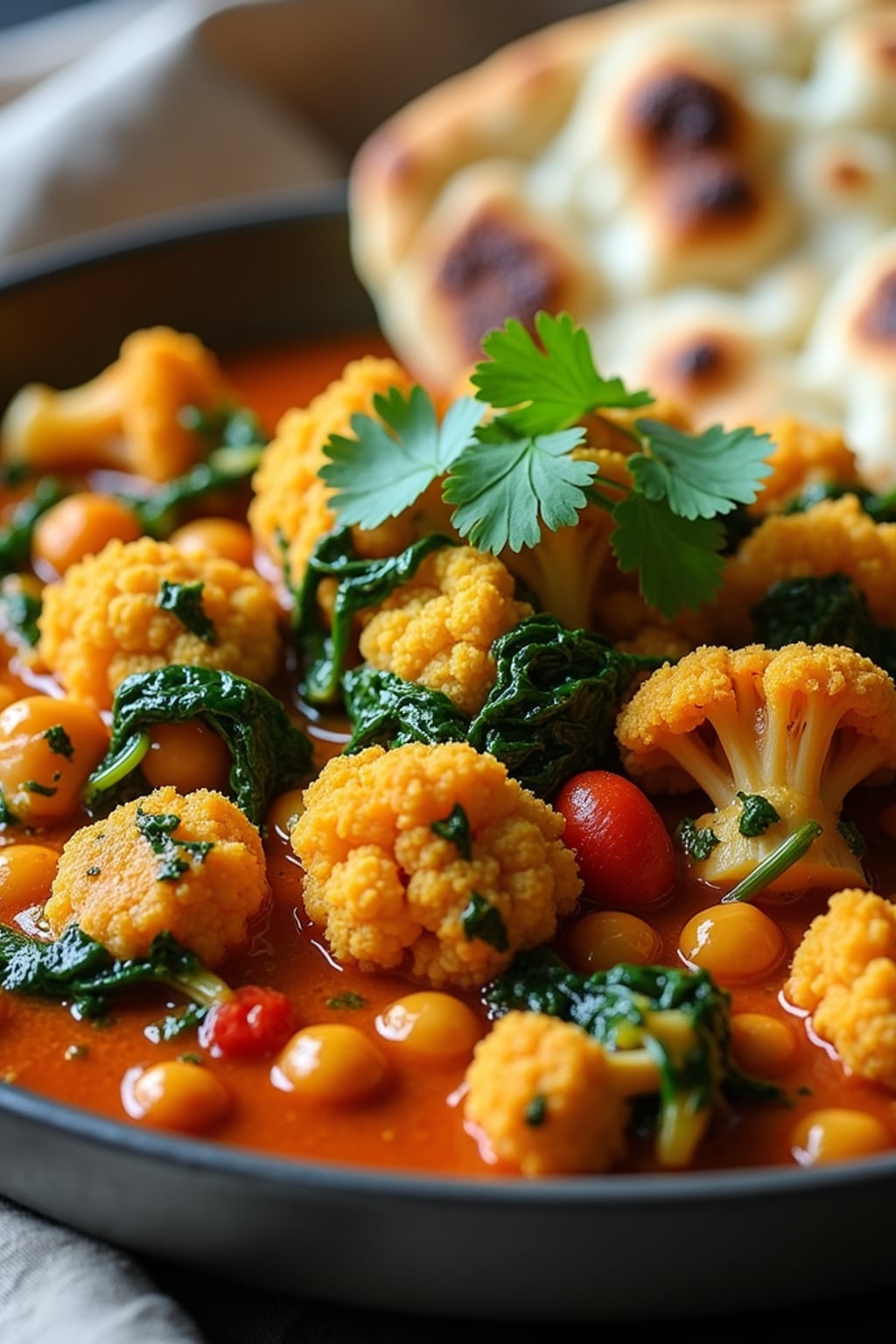 a close-up, ultra-realistic photograph perfect for a cookbook captures a vibrant vegetable curry with cauliflower, chickpeas, spinach, and tomatoes in a rich spiced sauce, garnished with cilantro and served with naan bread.