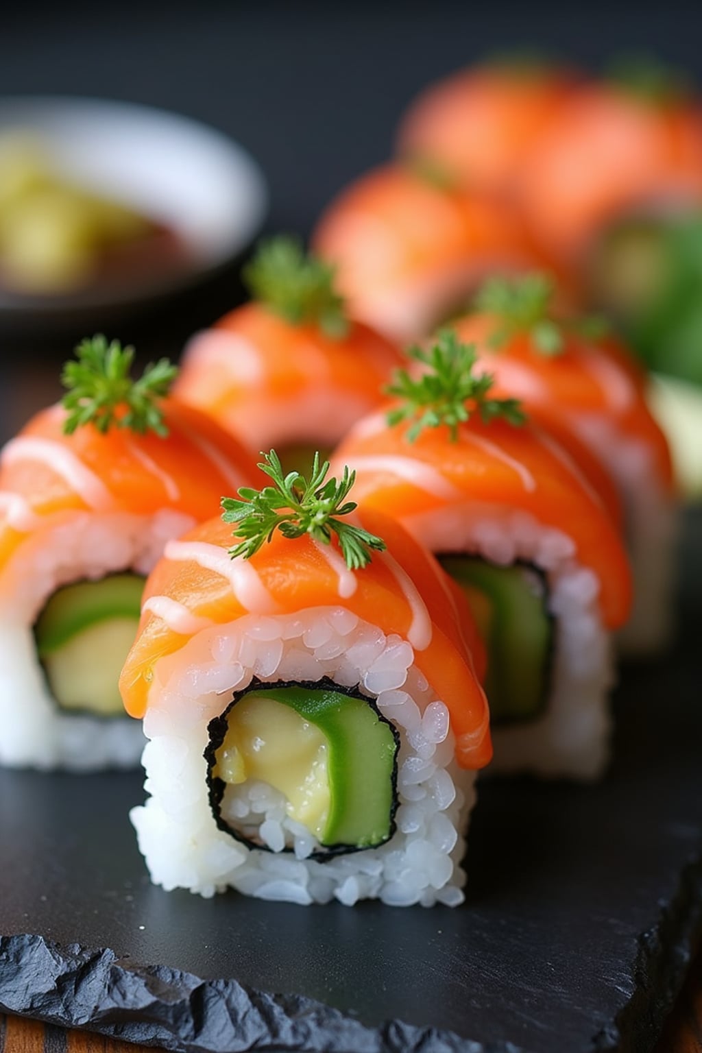 a close-up, ultra-realistic photograph perfect for a cookbook captures homemade sushi rolls with fresh salmon, avocado, and cucumber, served with pickled ginger, wasabi, and soy sauce on a slate plate.