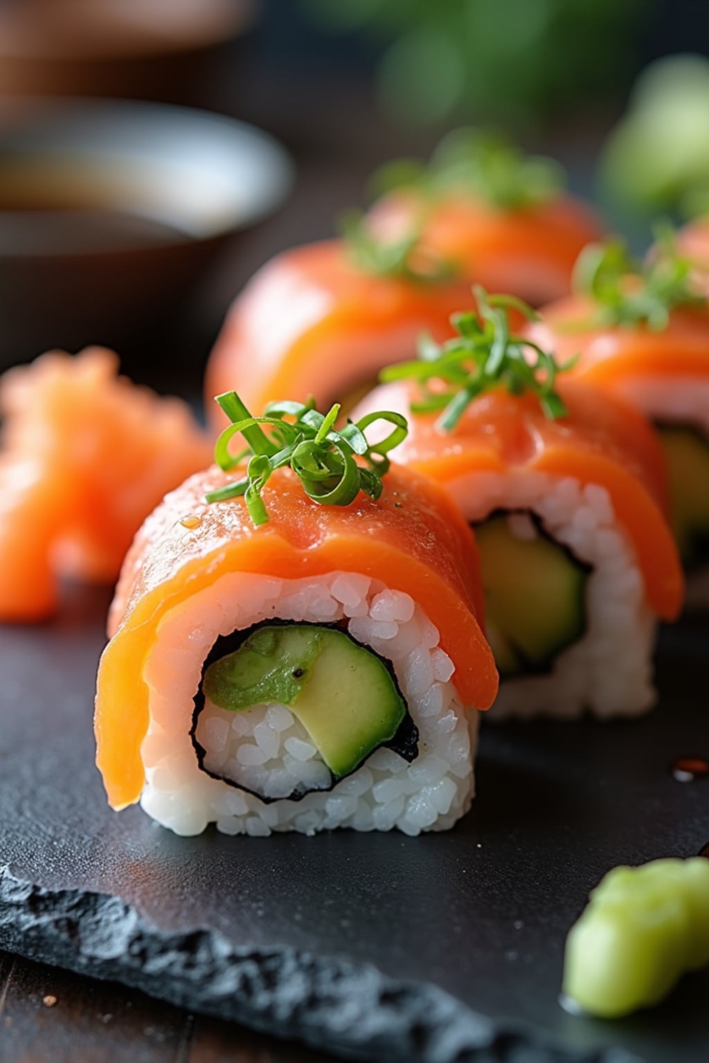 a close-up, ultra-realistic photograph perfect for a cookbook captures homemade sushi rolls with fresh salmon, avocado, and cucumber, served with pickled ginger, wasabi, and soy sauce on a slate plate.