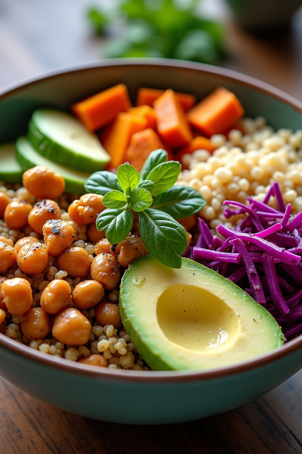 a close-up, ultra-realistic photograph perfect for a cookbook captures a colorful Buddha bowl with quinoa, roasted sweet potatoes, chickpeas, avocado slices, shredded red cabbage, and a tahini drizzle.