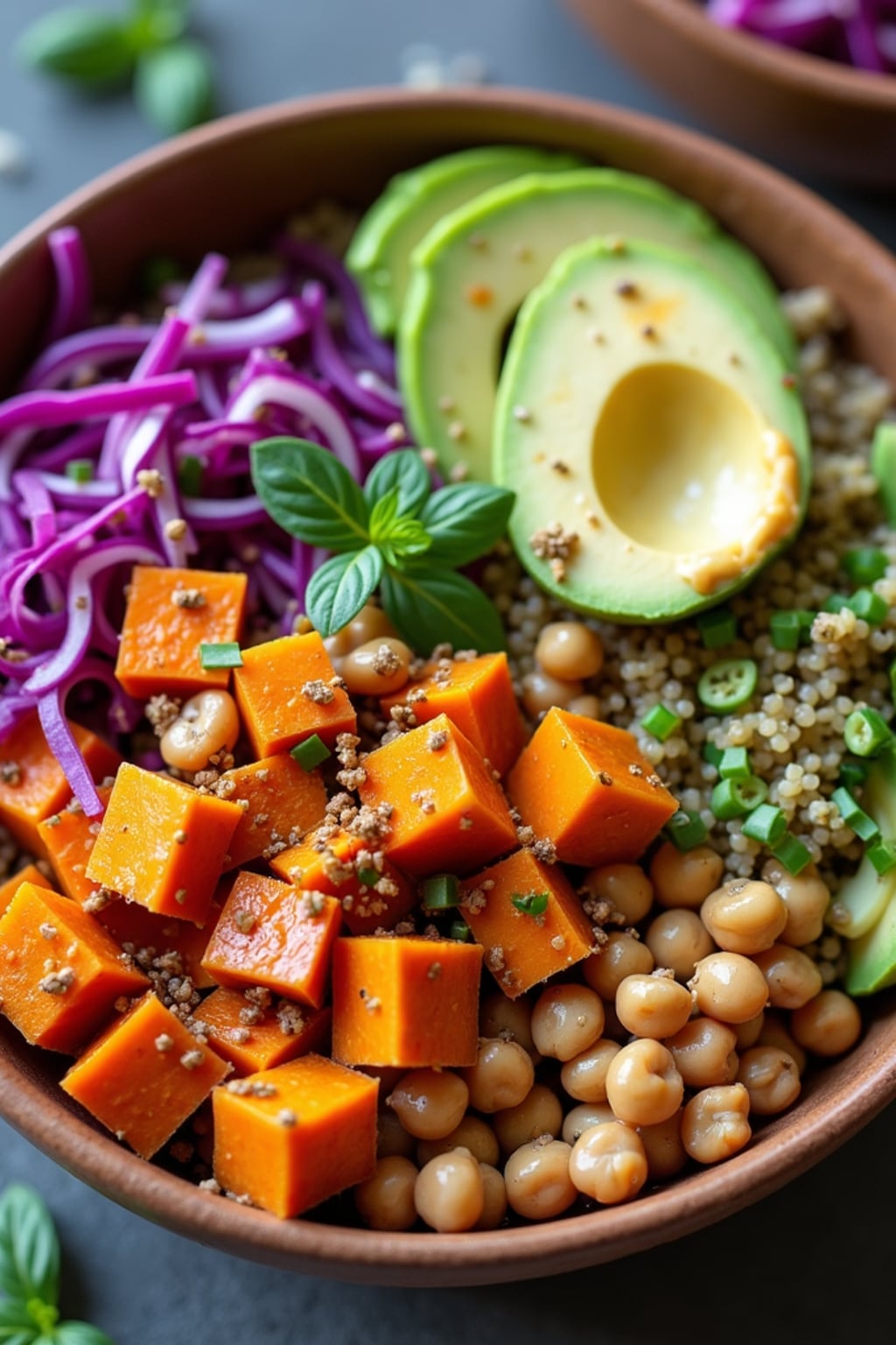a close-up, ultra-realistic photograph perfect for a cookbook captures a colorful Buddha bowl with quinoa, roasted sweet potatoes, chickpeas, avocado slices, shredded red cabbage, and a tahini drizzle.
