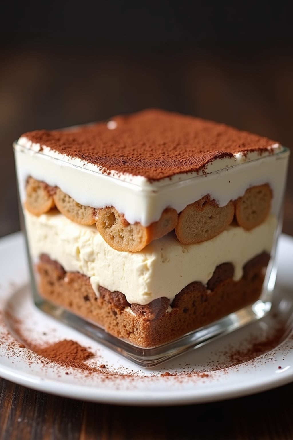 a close-up, ultra-realistic photograph perfect for a cookbook captures a classic tiramisu with distinct layers of coffee-soaked ladyfingers and mascarpone cream, dusted with cocoa powder and served in a glass dish.