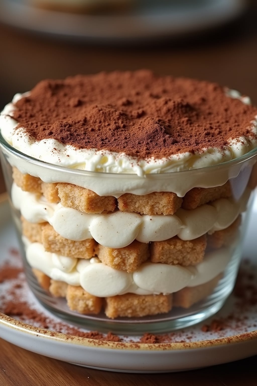a close-up, ultra-realistic photograph perfect for a cookbook captures a classic tiramisu with distinct layers of coffee-soaked ladyfingers and mascarpone cream, dusted with cocoa powder and served in a glass dish.