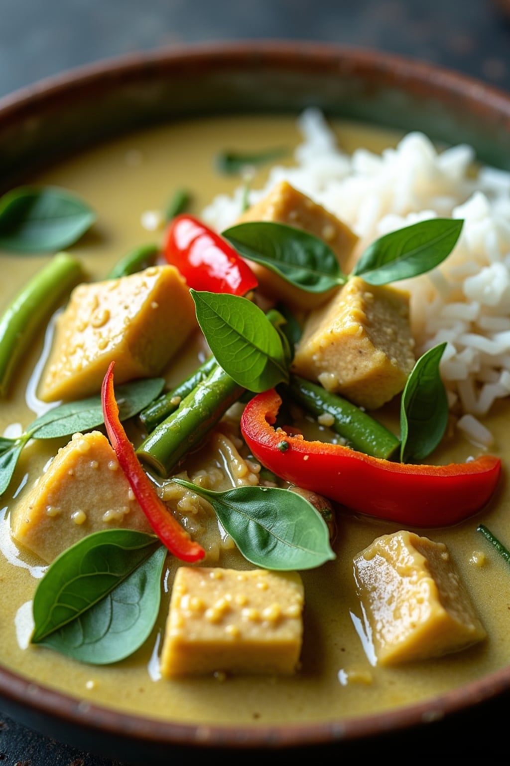 a close-up, ultra-realistic photograph perfect for a cookbook captures a vibrant Thai green curry with chunks of chicken, bamboo shoots, bell peppers, and Thai basil leaves in a creamy coconut sauce, served with jasmine rice.