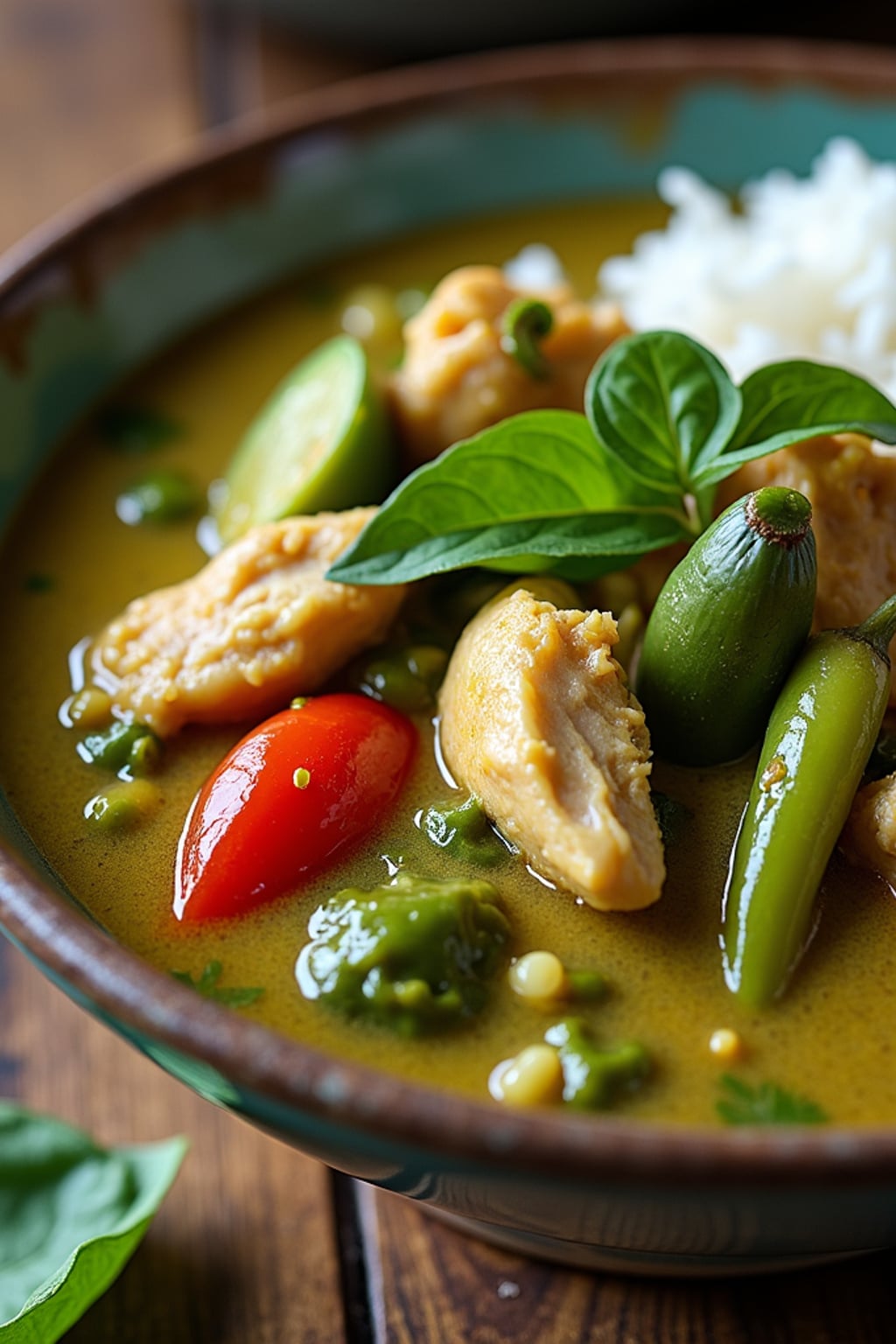 a close-up, ultra-realistic photograph perfect for a cookbook captures a vibrant Thai green curry with chunks of chicken, bamboo shoots, bell peppers, and Thai basil leaves in a creamy coconut sauce, served with jasmine rice.