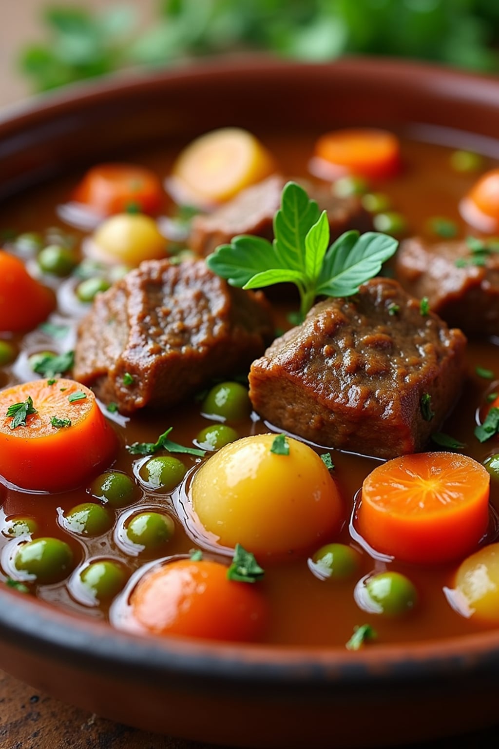 a close-up, ultra-realistic photograph perfect for a cookbook captures a hearty beef stew with tender chunks of meat, carrots, potatoes, and peas in a rich gravy, served in a rustic ceramic bowl with fresh herbs.
