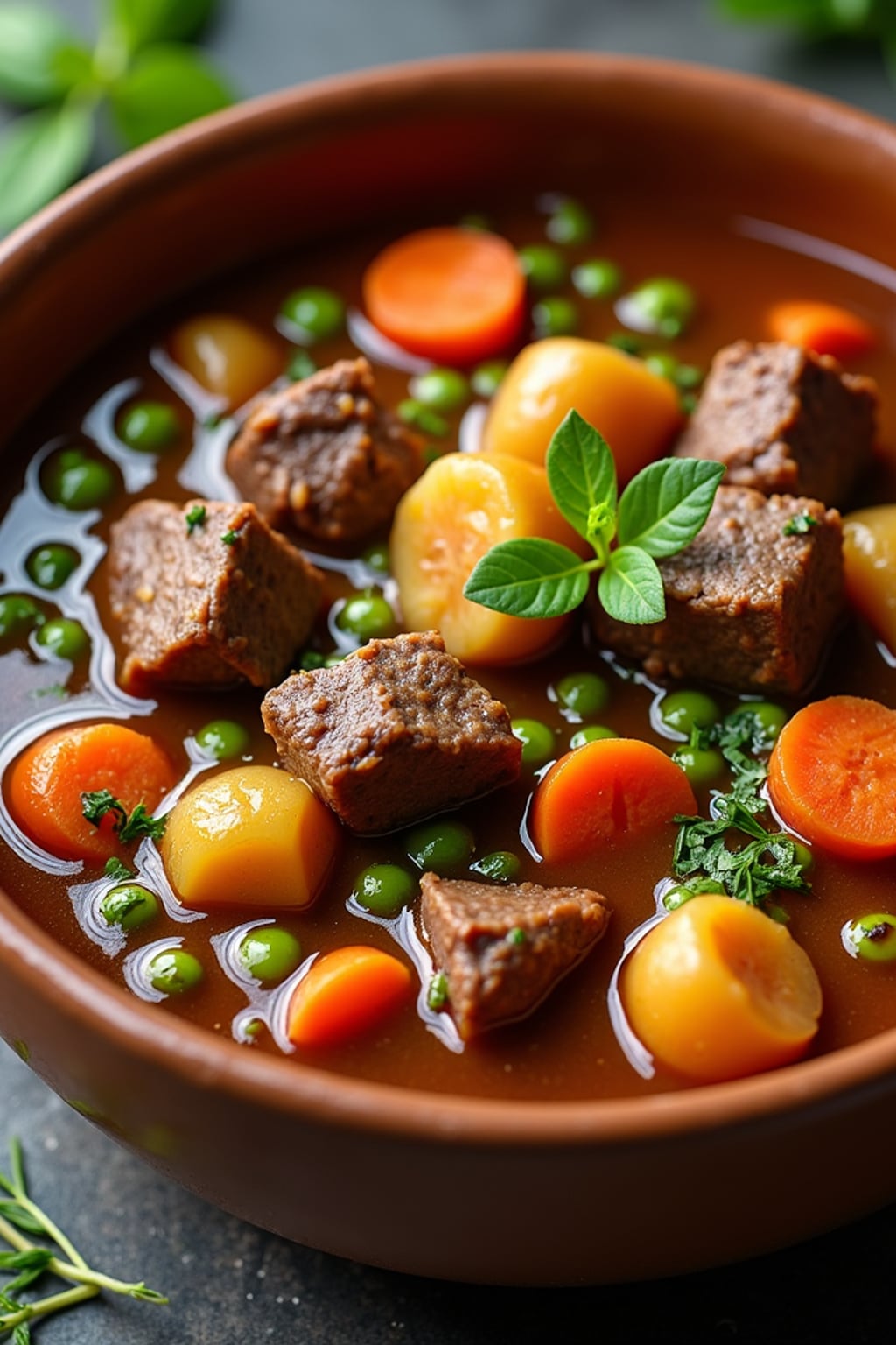 a close-up, ultra-realistic photograph perfect for a cookbook captures a hearty beef stew with tender chunks of meat, carrots, potatoes, and peas in a rich gravy, served in a rustic ceramic bowl with fresh herbs.
