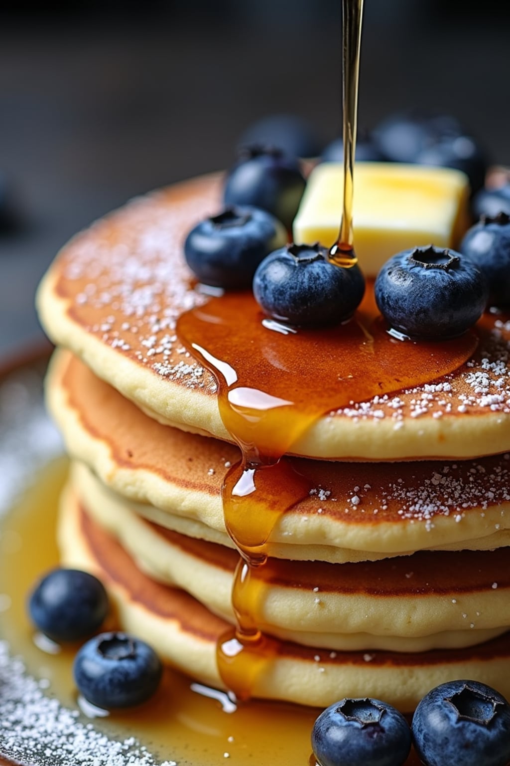 a close-up, ultra-realistic photograph perfect for a cookbook captures a stack of fluffy blueberry pancakes with maple syrup dripping down the sides, topped with fresh blueberries, a pat of butter, and a sprinkle of powdered sugar.