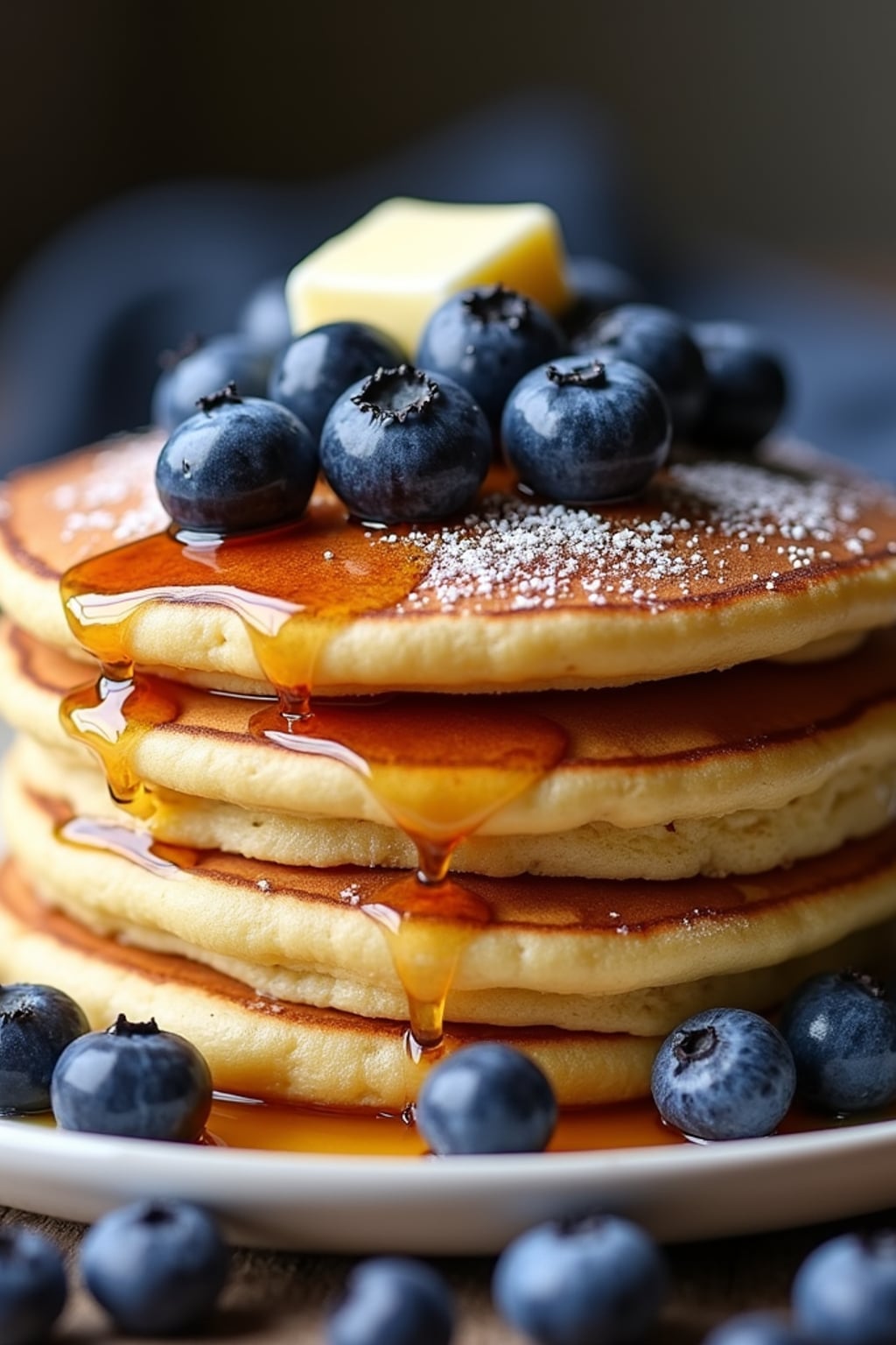 a close-up, ultra-realistic photograph perfect for a cookbook captures a stack of fluffy blueberry pancakes with maple syrup dripping down the sides, topped with fresh blueberries, a pat of butter, and a sprinkle of powdered sugar.