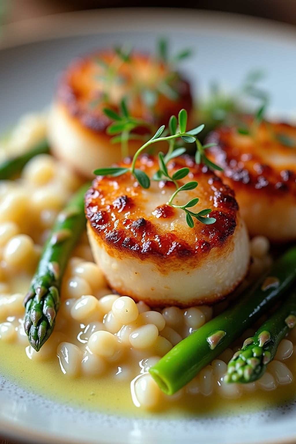 a close-up, ultra-realistic photograph perfect for a cookbook captures perfectly seared scallops with a golden crust, served on a bed of creamy risotto with asparagus tips and a lemon butter sauce, garnished with microgreens.