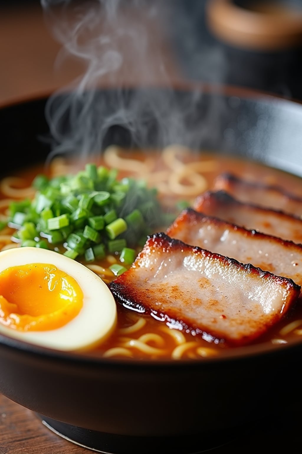 a close-up, ultra-realistic photograph perfect for a cookbook captures a steaming bowl of ramen with sliced pork belly, soft-boiled egg, green onions, and nori, in a rich umami broth with visible steam rising.