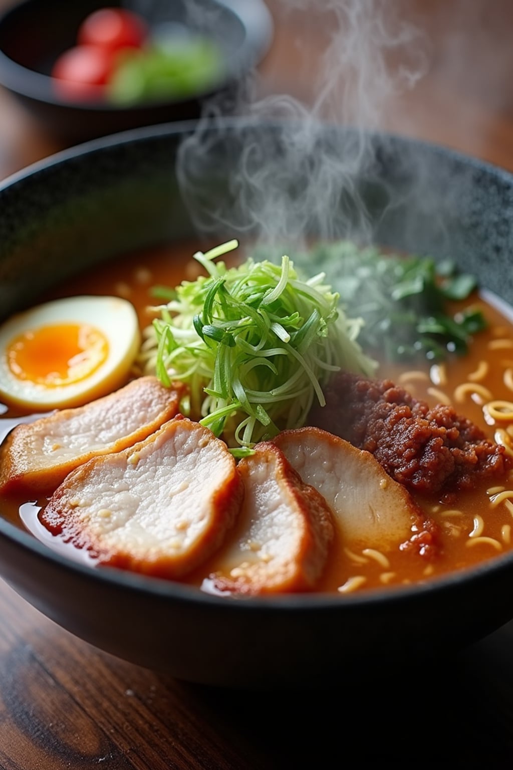 a close-up, ultra-realistic photograph perfect for a cookbook captures a steaming bowl of ramen with sliced pork belly, soft-boiled egg, green onions, and nori, in a rich umami broth with visible steam rising.