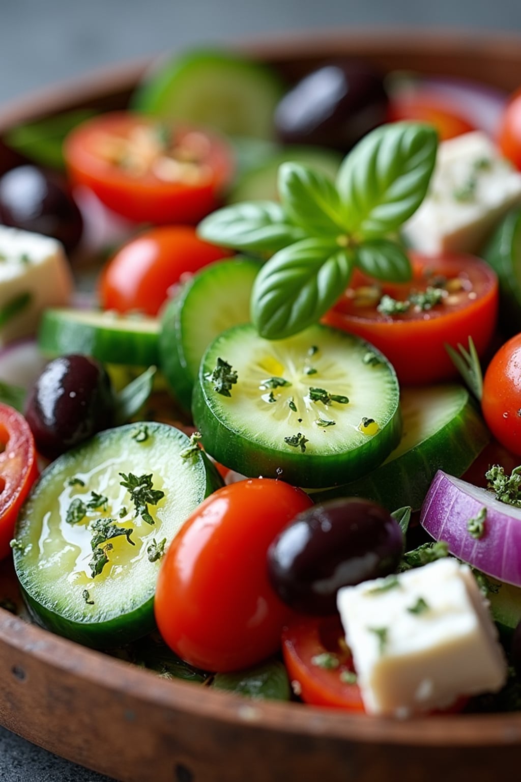 a close-up, ultra-realistic photograph perfect for a cookbook captures a colorful Mediterranean salad with cucumber, cherry tomatoes, red onion, kalamata olives, and feta cheese, drizzled with olive oil and sprinkled with oregano.