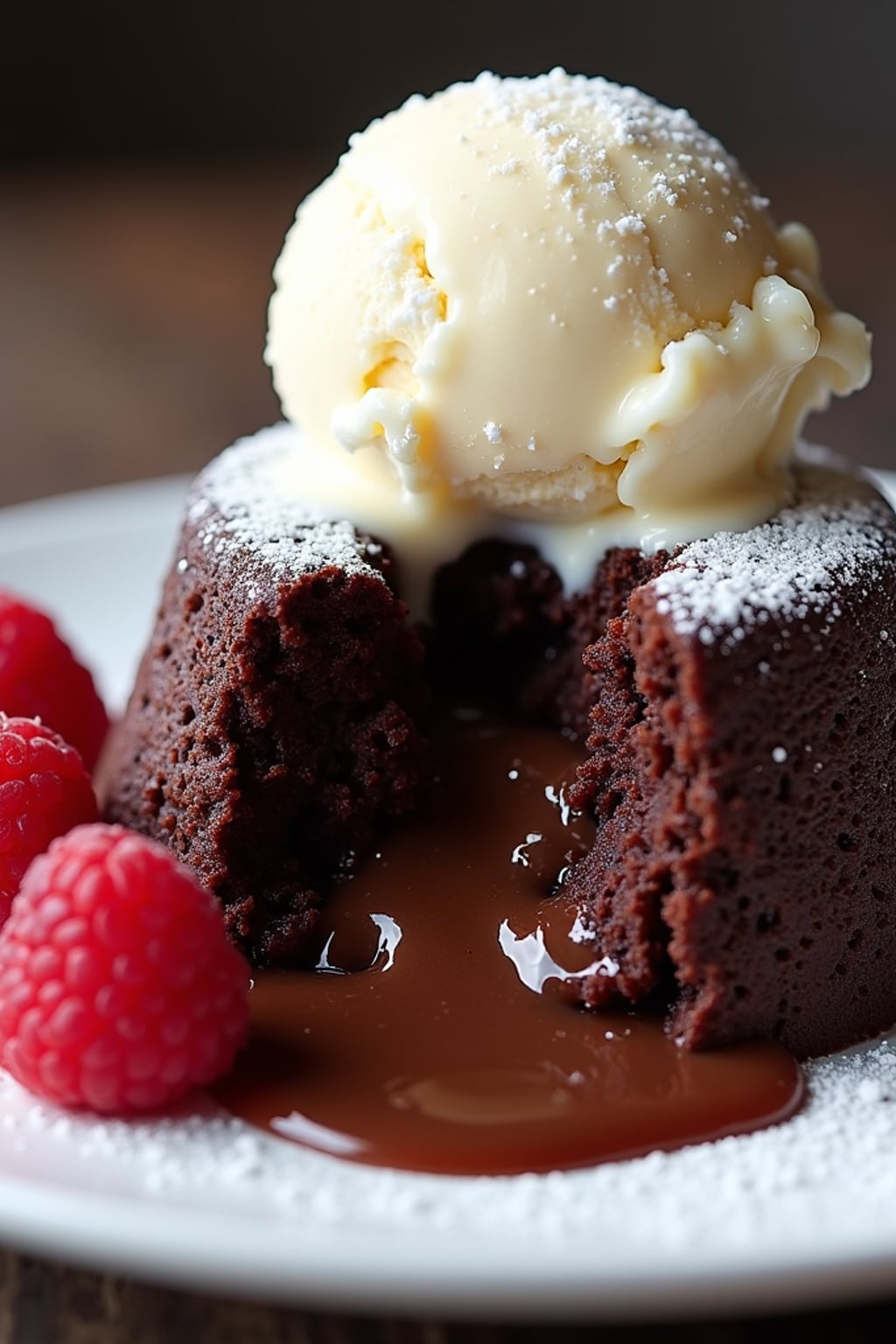 a close-up, ultra-realistic photograph perfect for a cookbook captures a decadent chocolate lava cake with molten center oozing onto a white plate, served with a scoop of vanilla ice cream and fresh raspberries, dusted with powdered sugar.