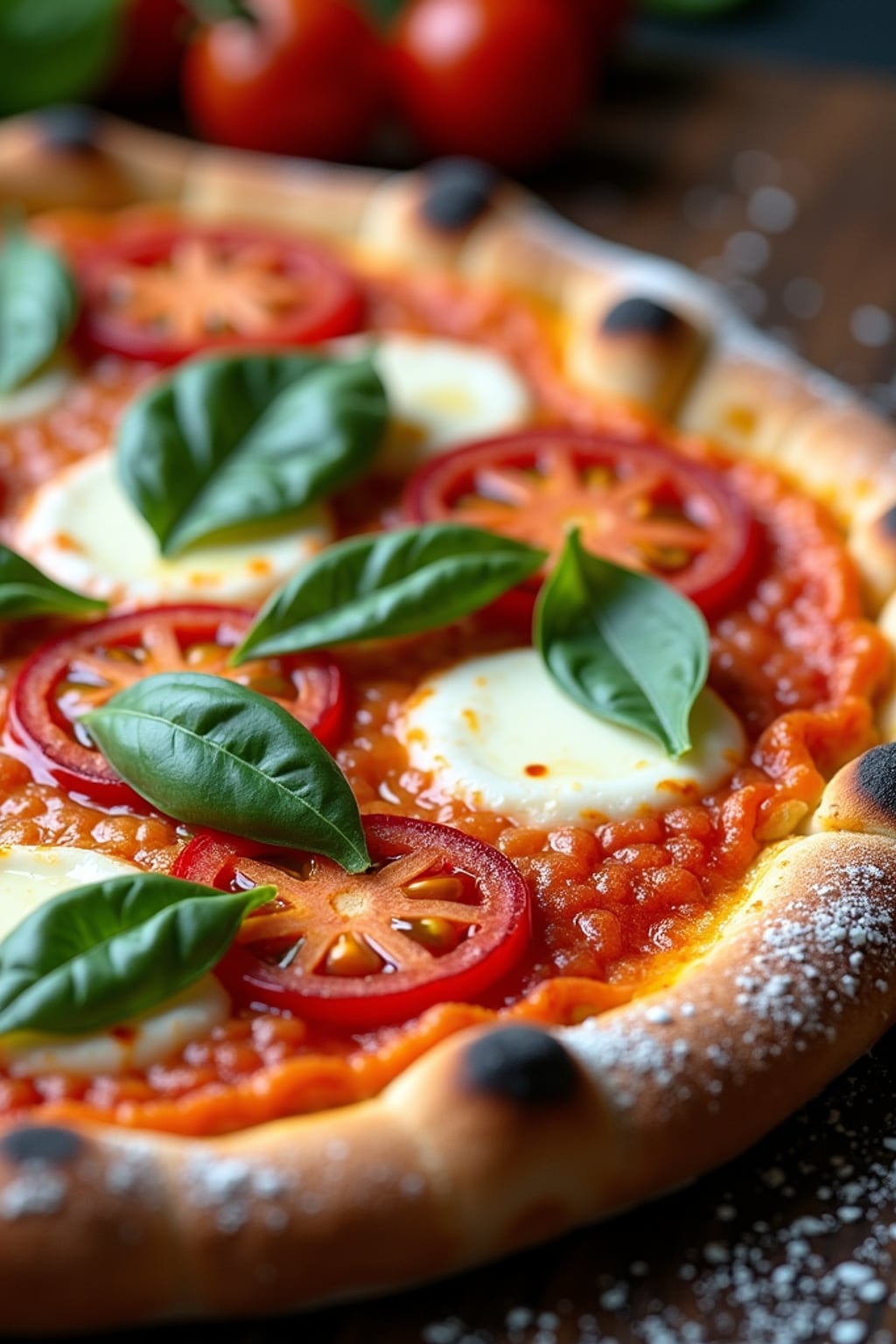 a close-up, ultra-realistic photograph perfect for a cookbook captures a vibrant homemade margherita pizza with bubbling mozzarella, fresh basil leaves, and bright red tomatoes on a perfectly charred crust, dusted with flour and drizzled with olive oil.
