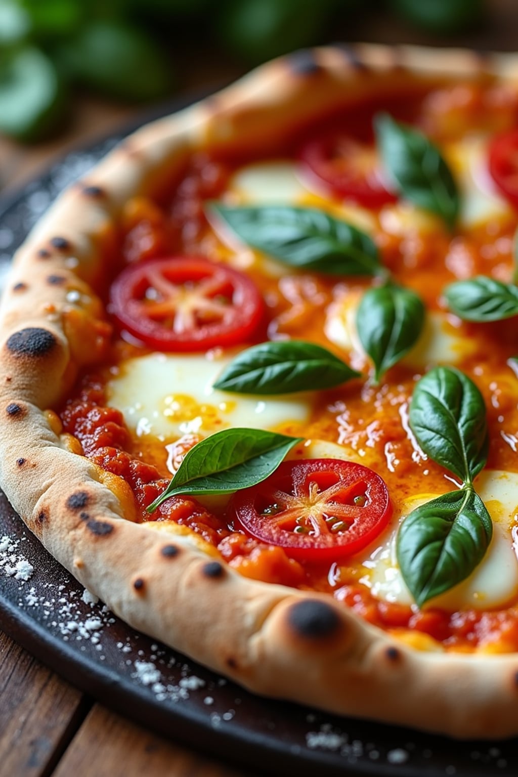 a close-up, ultra-realistic photograph perfect for a cookbook captures a vibrant homemade margherita pizza with bubbling mozzarella, fresh basil leaves, and bright red tomatoes on a perfectly charred crust, dusted with flour and drizzled with olive oil.