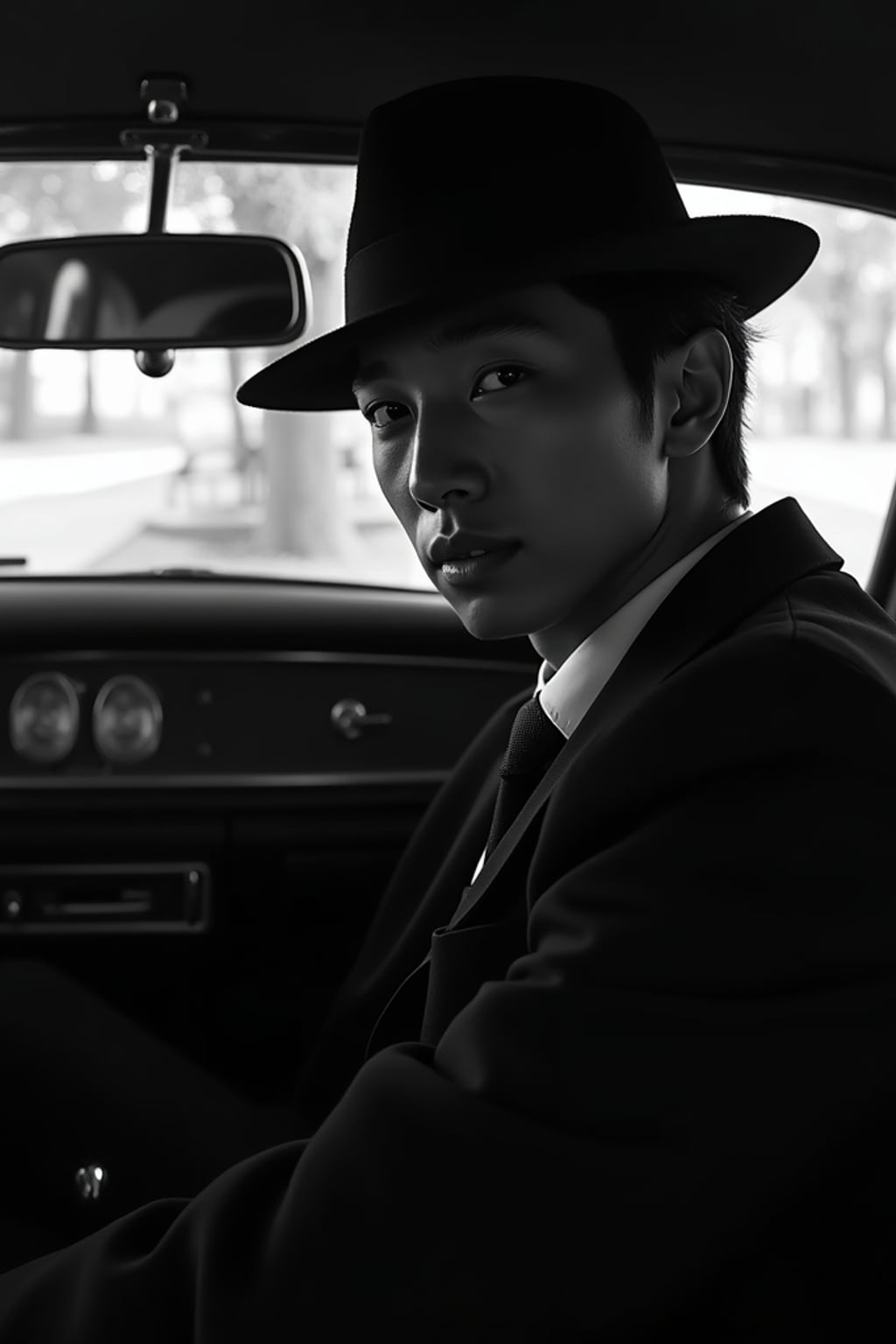 man in a vintage car interior, wearing  a dark suit with hat, dramatic lighting through car windows creating venetian blind effect, rear-view mirror showing mysterious figure, high-contrast black and white photography