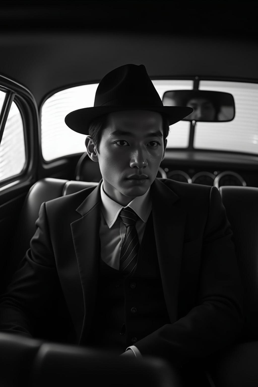 man in a vintage car interior, wearing  a dark suit with hat, dramatic lighting through car windows creating venetian blind effect, rear-view mirror showing mysterious figure, high-contrast black and white photography