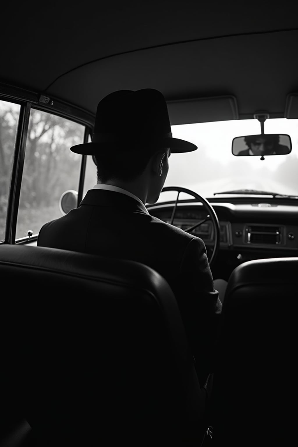 man in a vintage car interior, wearing  a dark suit with hat, dramatic lighting through car windows creating venetian blind effect, rear-view mirror showing mysterious figure, high-contrast black and white photography