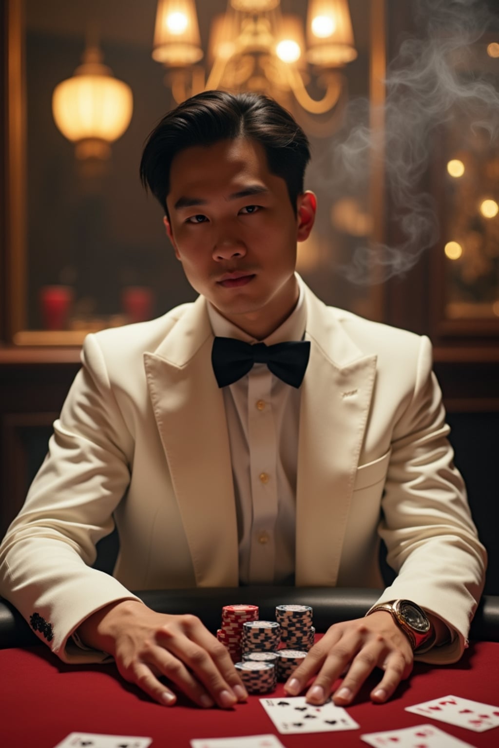 man at a glamorous casino table, wearing  a white dinner jacket with black bow tie, surrounded by playing cards and chips, dramatic overhead lighting, cigarette smoke swirling, classic film noir composition