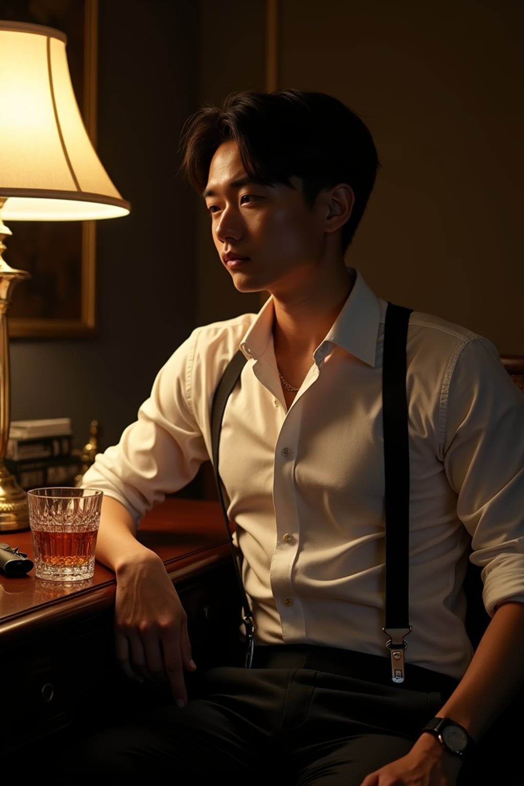 man in a luxurious  office setting, wearing  suspenders and rolled-up sleeves, sitting at vanity with  whiskey glass and revolver, dramatic lighting from a single lamp, film noir chiaroscuro effect