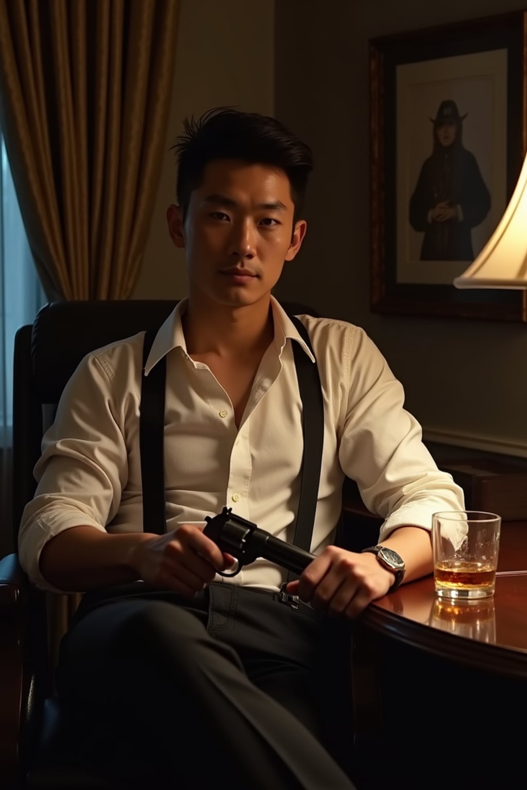 man in a luxurious  office setting, wearing  suspenders and rolled-up sleeves, sitting at vanity with  whiskey glass and revolver, dramatic lighting from a single lamp, film noir chiaroscuro effect