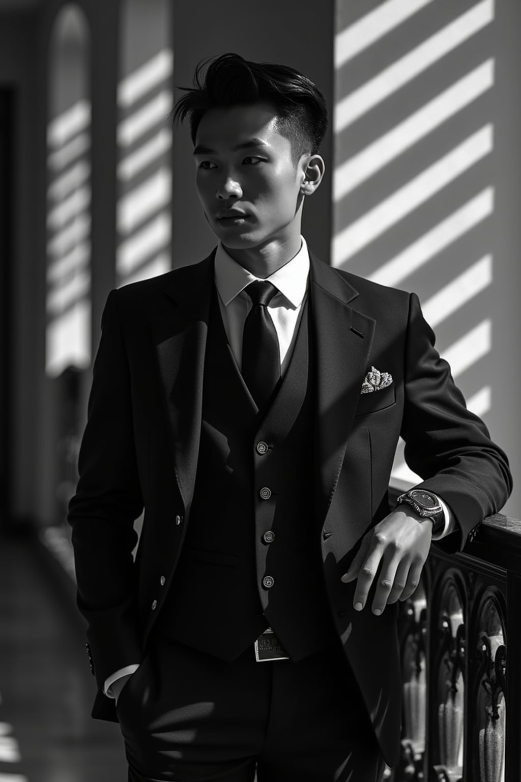man in an elegant vintage hotel lobby, wearing  a three-piece suit with pocket watch, leaning against ornate railing, dramatic venetian blinds casting striped shadows, black and white photography with deep shadows