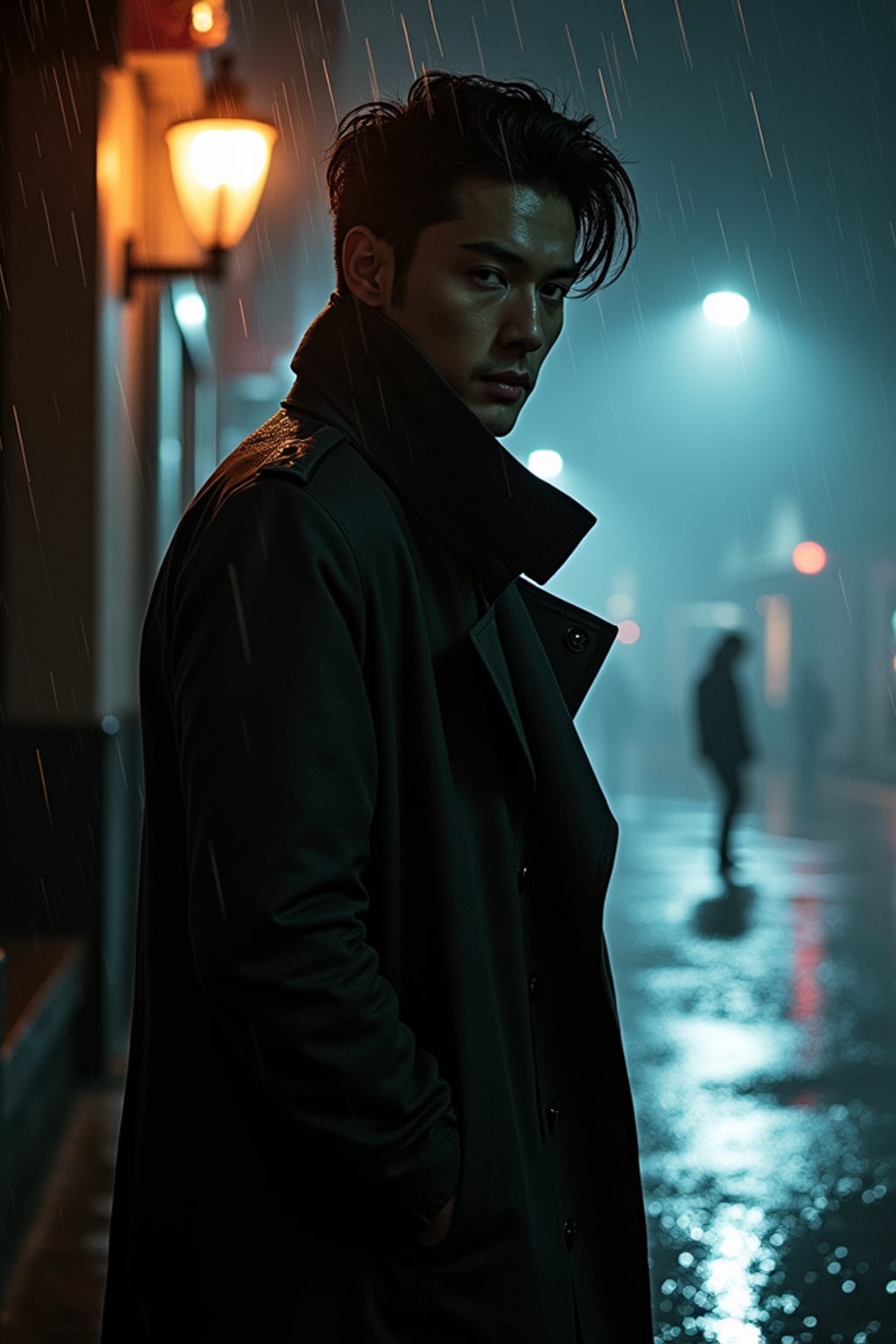 man in a rain-soaked city street at night, wearing  a long trench coat with upturned collar, dramatic shadows from street lamps, reflections in puddles, film noir high-contrast lighting, mysterious expression