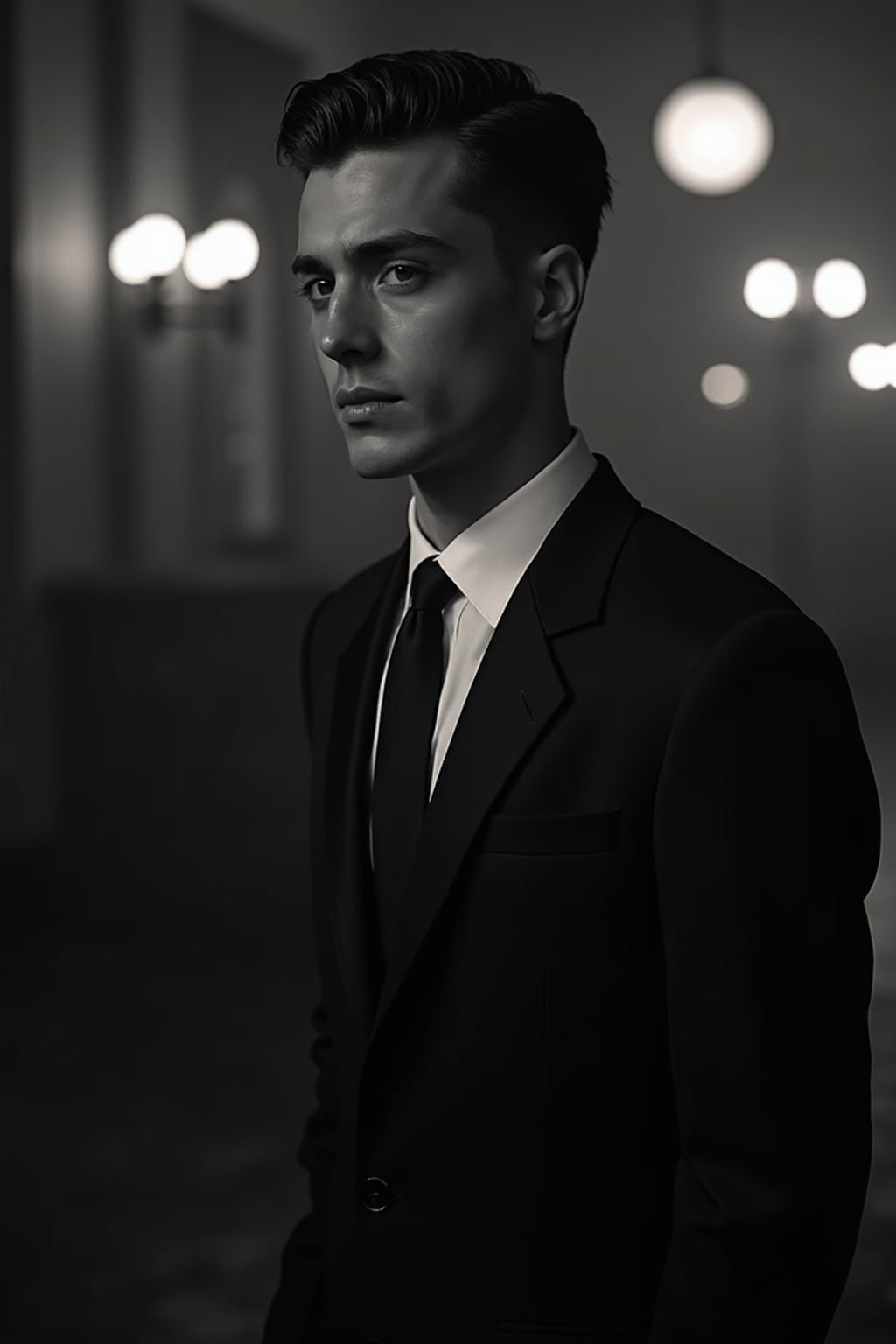 man as a glamorous 1950s noir  detective in a dimly lit film set, wearing  a sharp tailored suit with wide shoulders, sophisticated  slicked-back hair, dramatic lighting creating shadows, high-contrast black and white photography, art deco backdrop
