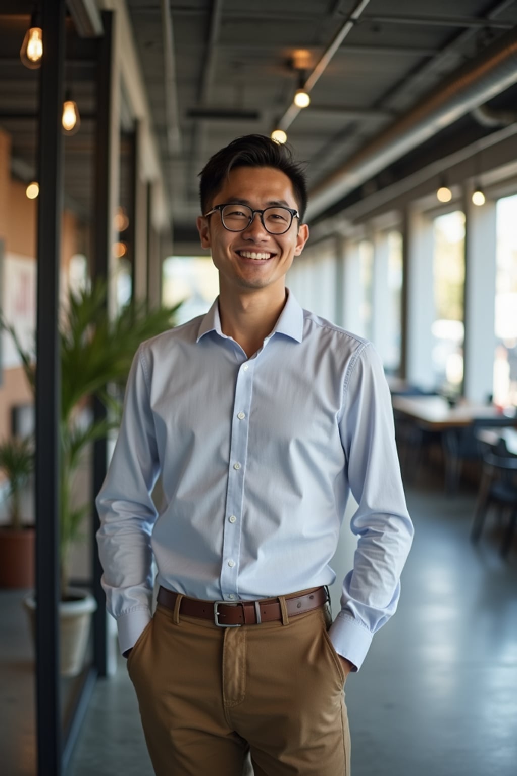 resilient man in relaxed business casual with quality basics  industrial loft office, working with team members