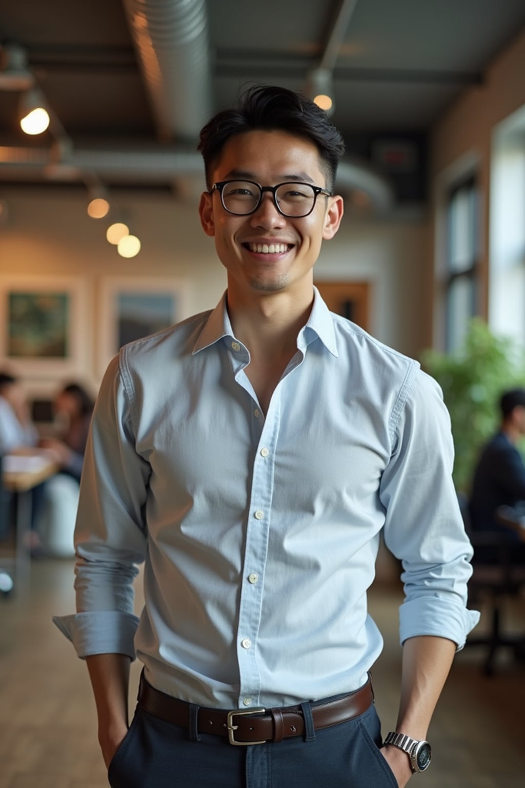 resilient man in relaxed business casual with quality basics  industrial loft office, working with team members