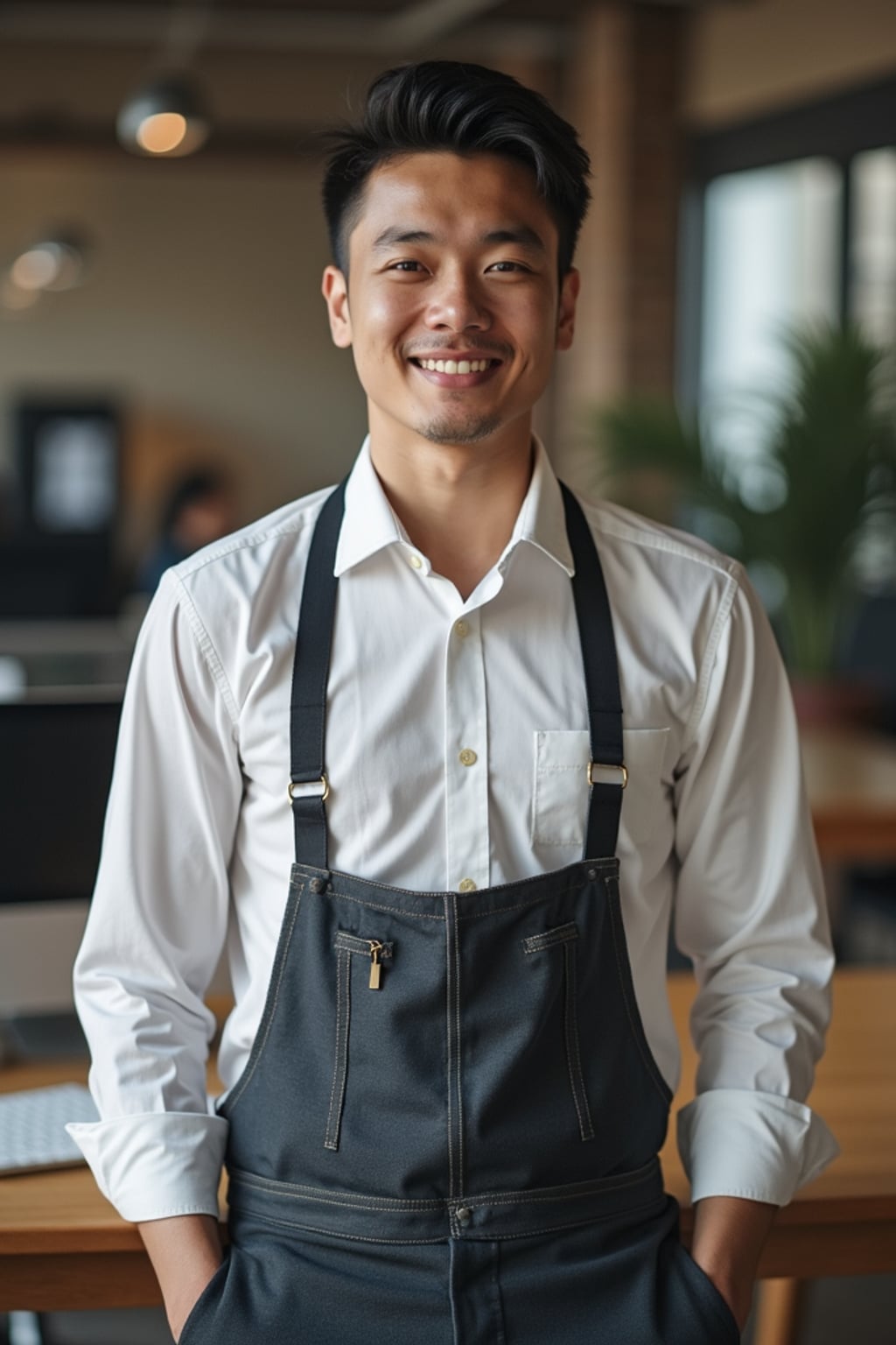 resilient man in relaxed business casual with quality basics  industrial loft office, working with team members