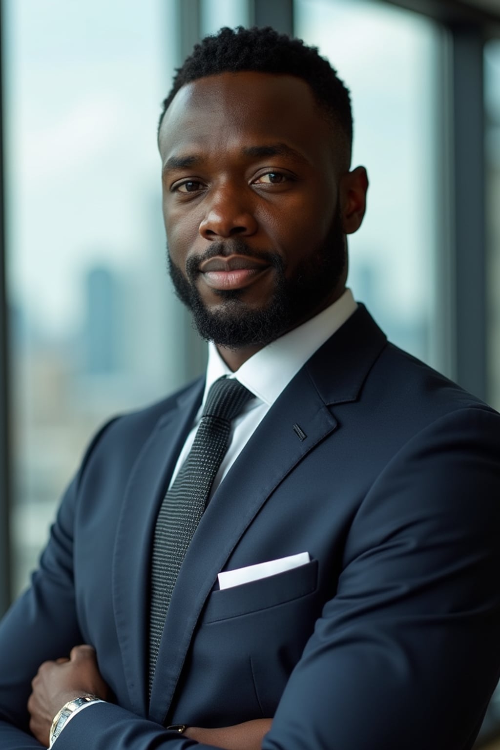 8k professional headshot of man as executive leader, crisp details, luxury office backdrop, premium tailored attire, authoritative pose, decisive expression, high-definition, boardroom environment, sharp focus, professional lighting, executive presence, skyscraper view