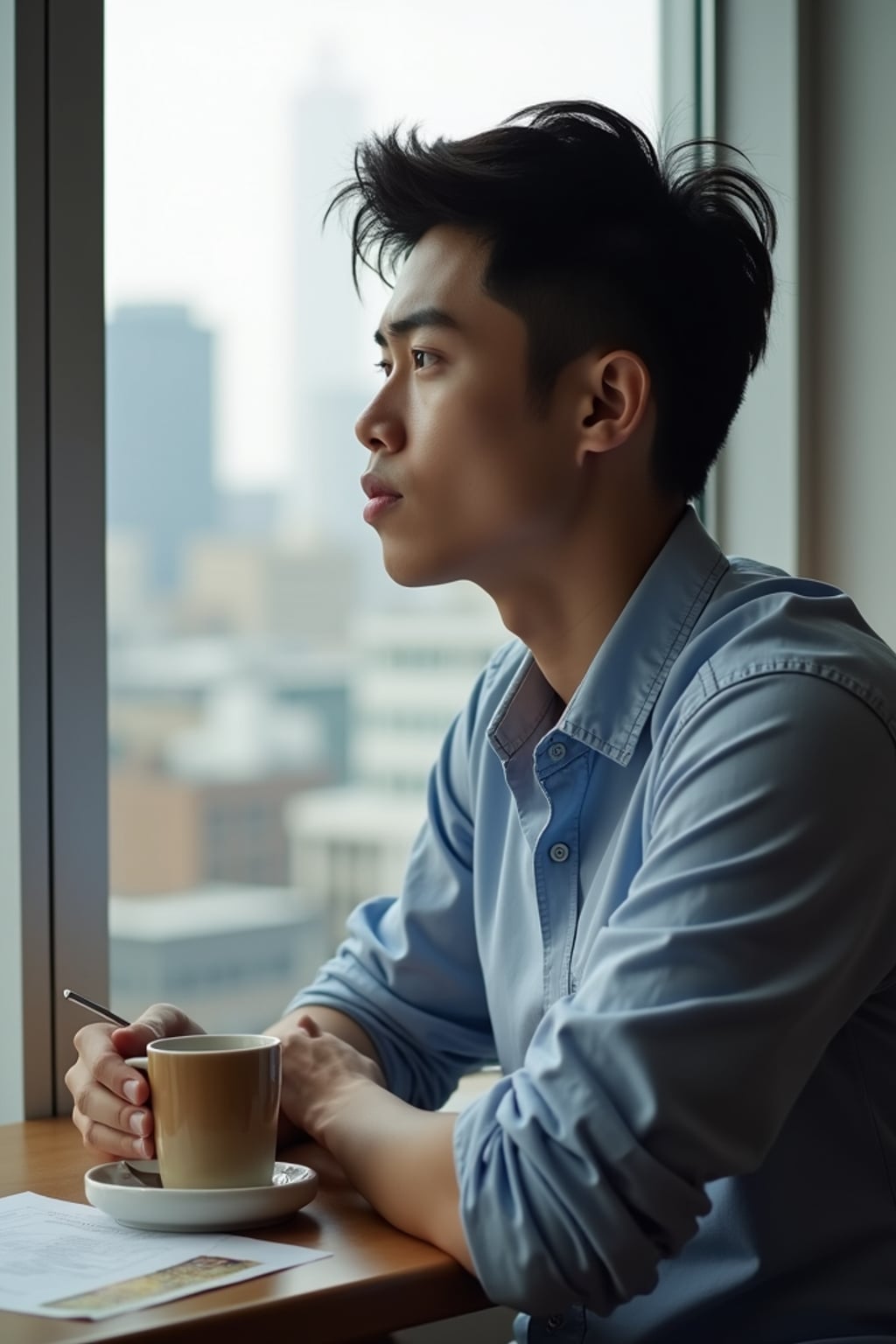 thoughtful man wearing premium casual shirt with sleeves rolled up  with coffee, looking out office window, contemplative expression, city view