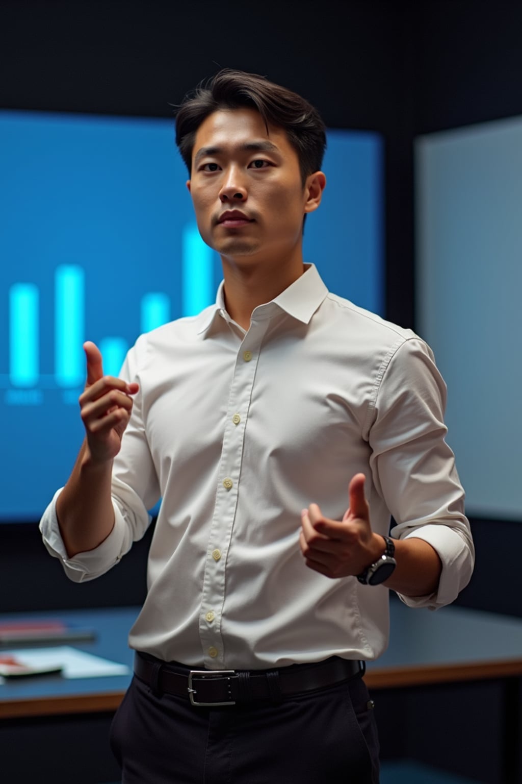dynamic man dressed in contemporary button-up with no tie  pitching to investors, presentation screen background, confident stance
