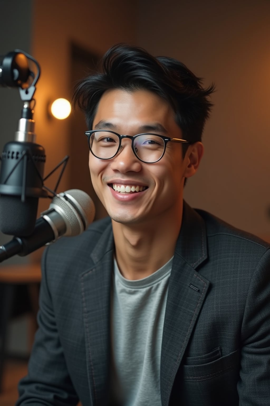 charismatic man dressed in casual blazer over quality t-shirt  being interviewed, podcast studio setting, relaxed professional look