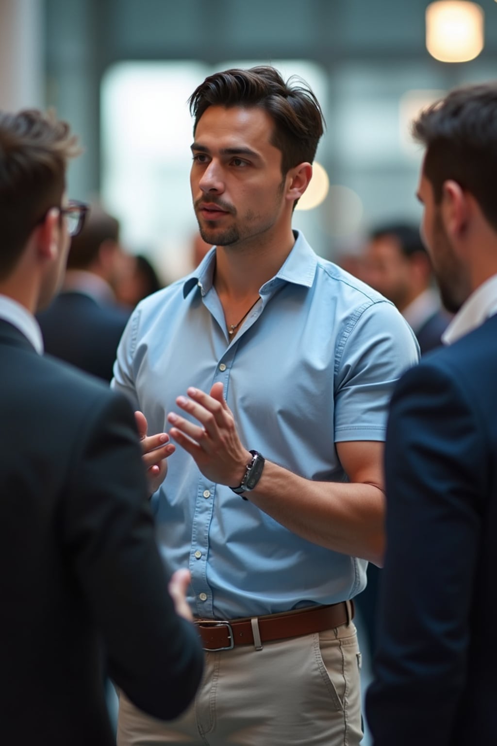 determined man wearing tech-casual polo and chinos  networking at a tech conference, professional casual attire, engaged in conversation