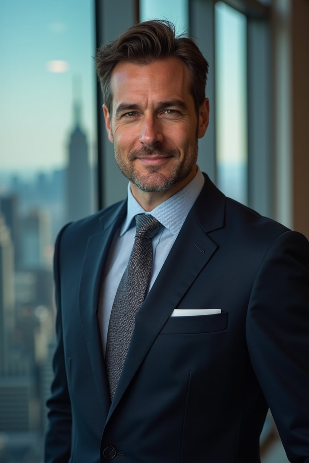 8k professional headshot of man as CEO, crisp details, premium studio backdrop, executive business attire, commanding posture, confident expression, high-definition, corner office setting, sharp focus, dramatic lighting, power suit, cityscape view
